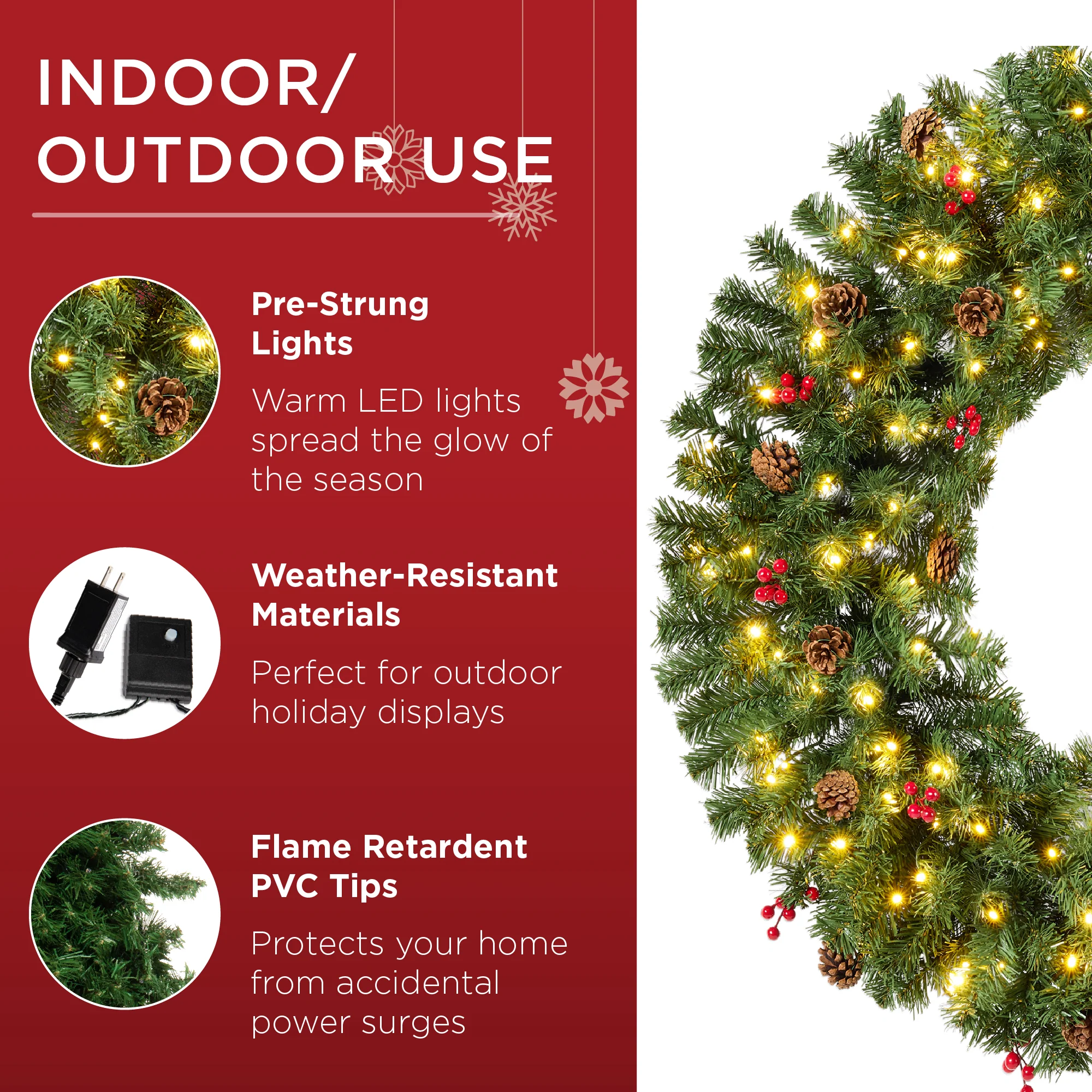 Pre-Lit Artificial Christmas Wreath w/Berries & Pinecones, Lights - Image 11