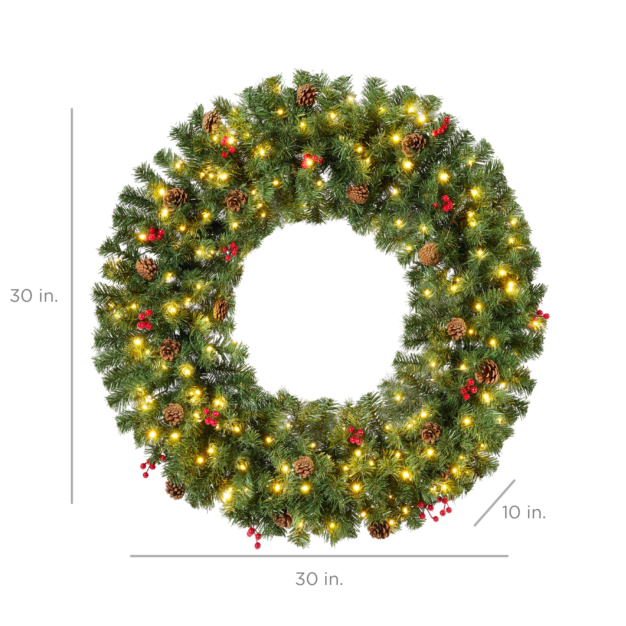 Pre-Lit Artificial Christmas Wreath w/Berries & Pinecones, Lights - Image 14