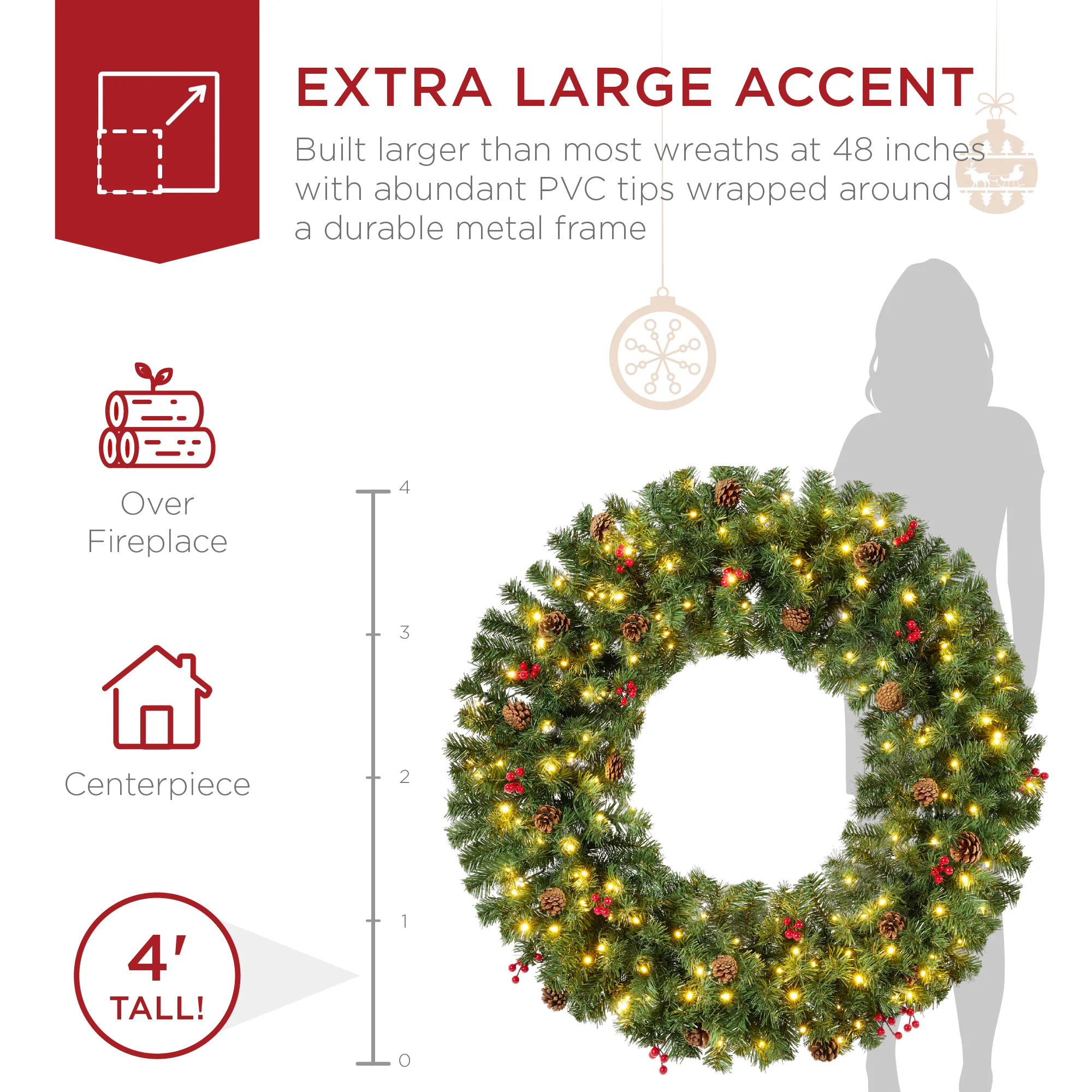 Pre-Lit Artificial Christmas Wreath w/Berries & Pinecones, Lights - Image 17