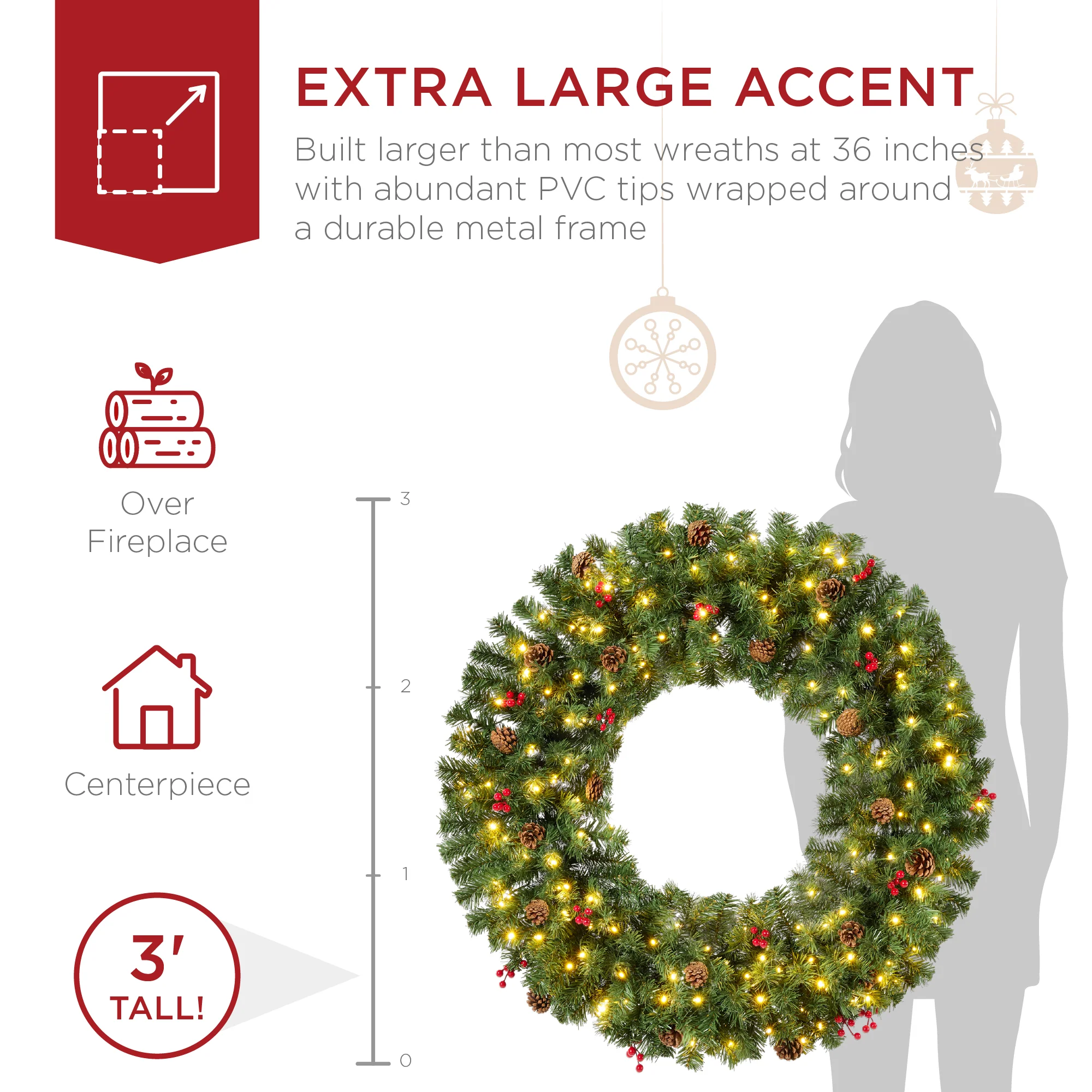 Pre-Lit Artificial Christmas Wreath w/Berries & Pinecones, Lights - Image 3
