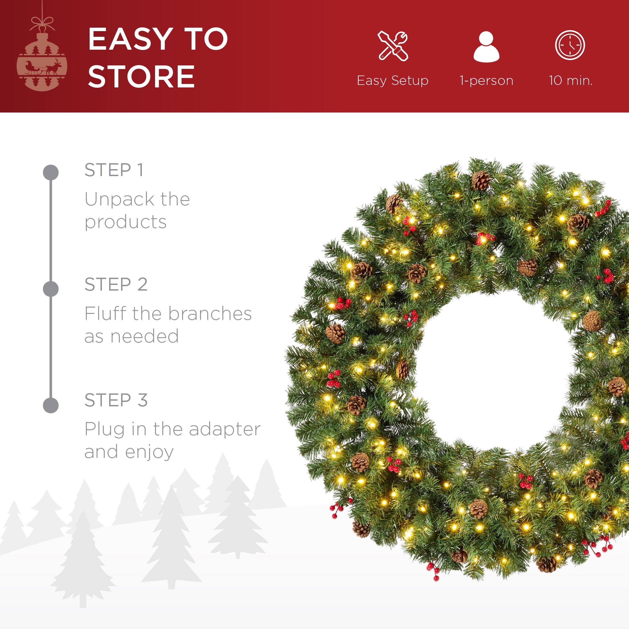 Pre-Lit Artificial Christmas Wreath w/Berries & Pinecones, Lights - Image 5