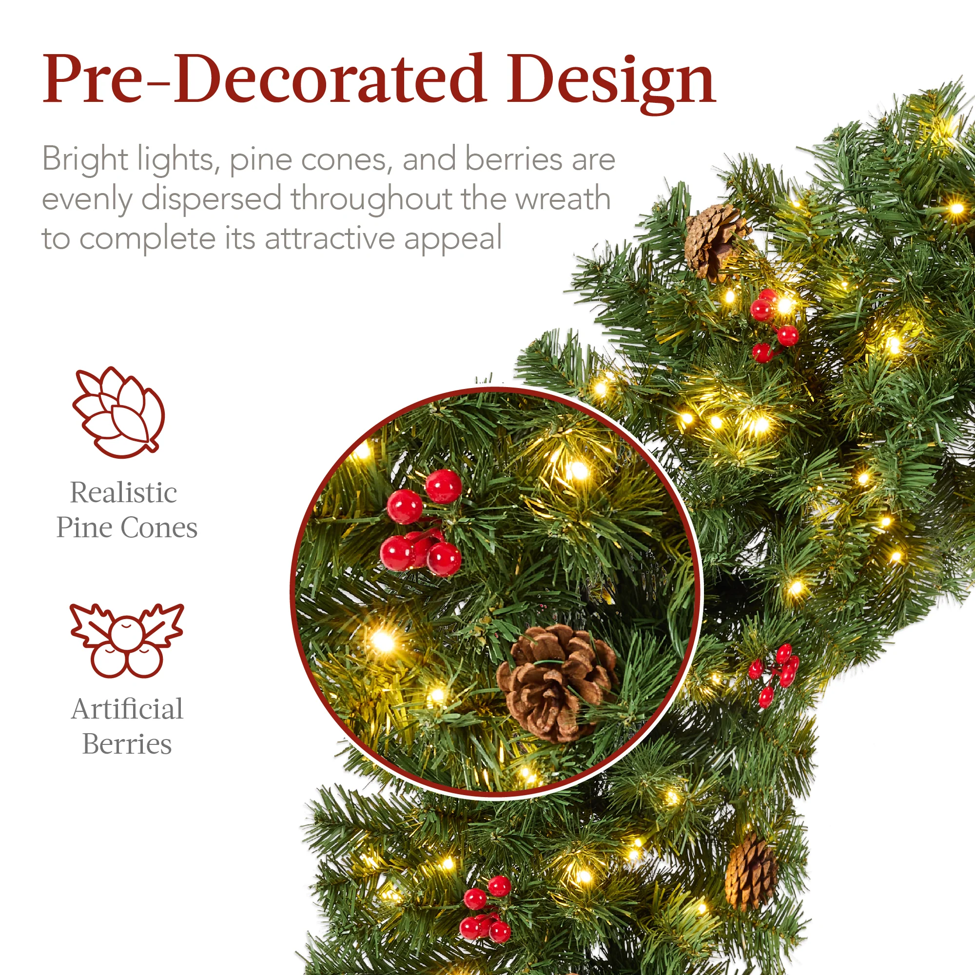Pre-Lit Artificial Christmas Wreath w/Berries & Pinecones, Red Bow, Lights - Image 24