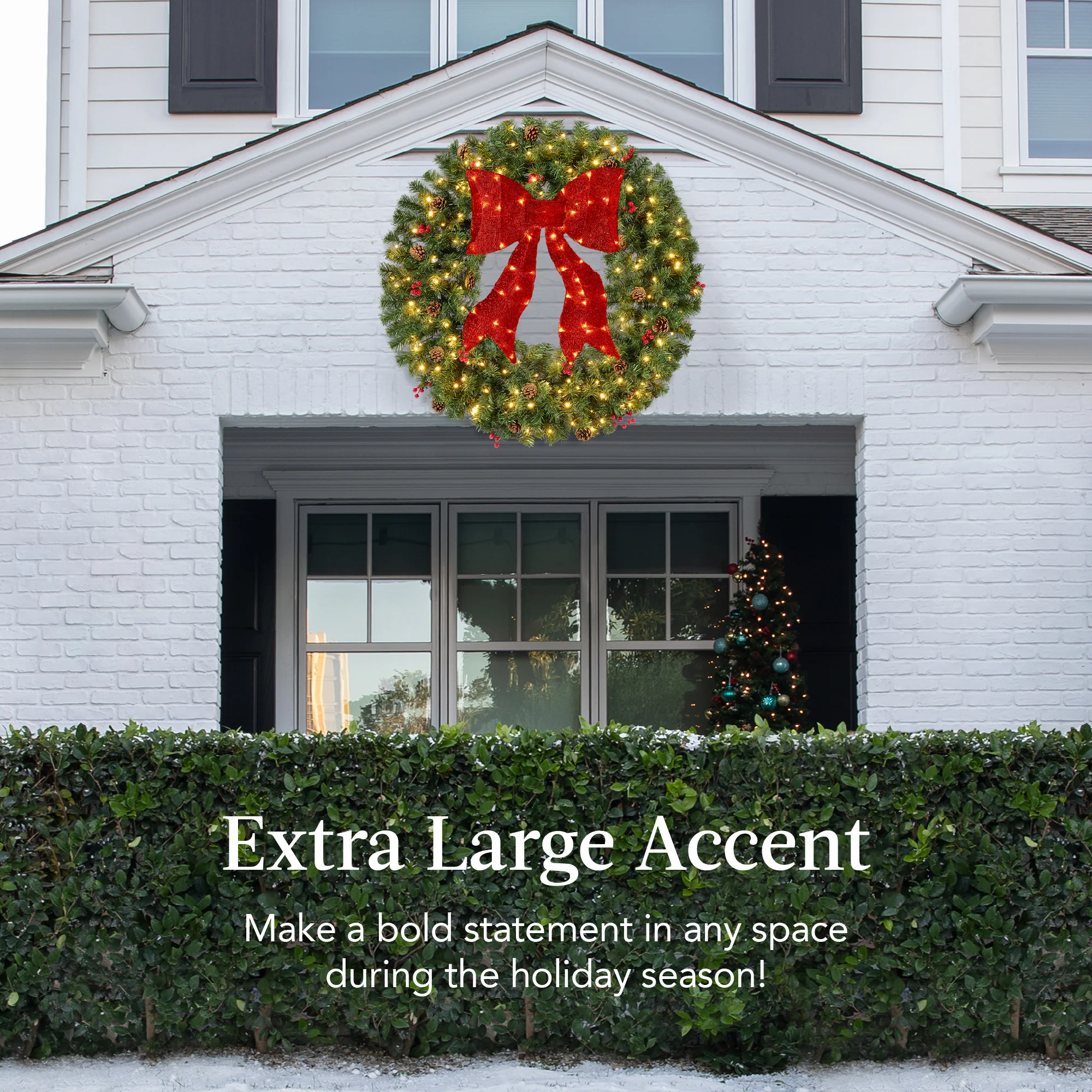 Pre-Lit Artificial Christmas Wreath w/Berries & Pinecones, Red Bow, Lights - Image 25