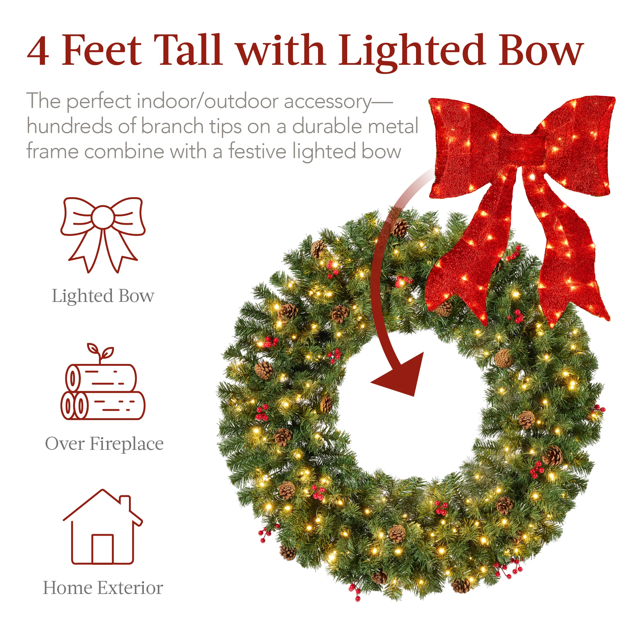 Pre-Lit Artificial Christmas Wreath w/Berries & Pinecones, Red Bow, Lights - Image 26