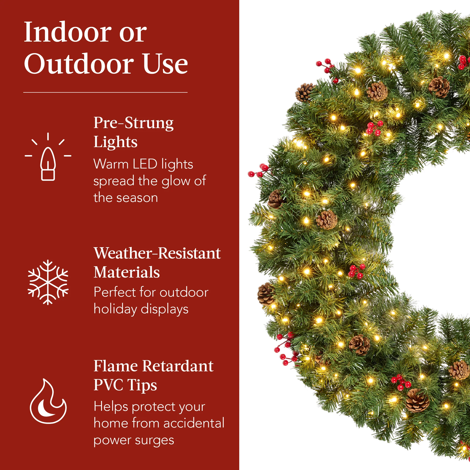 Pre-Lit Artificial Christmas Wreath w/Berries & Pinecones, Red Bow, Lights - Image 28