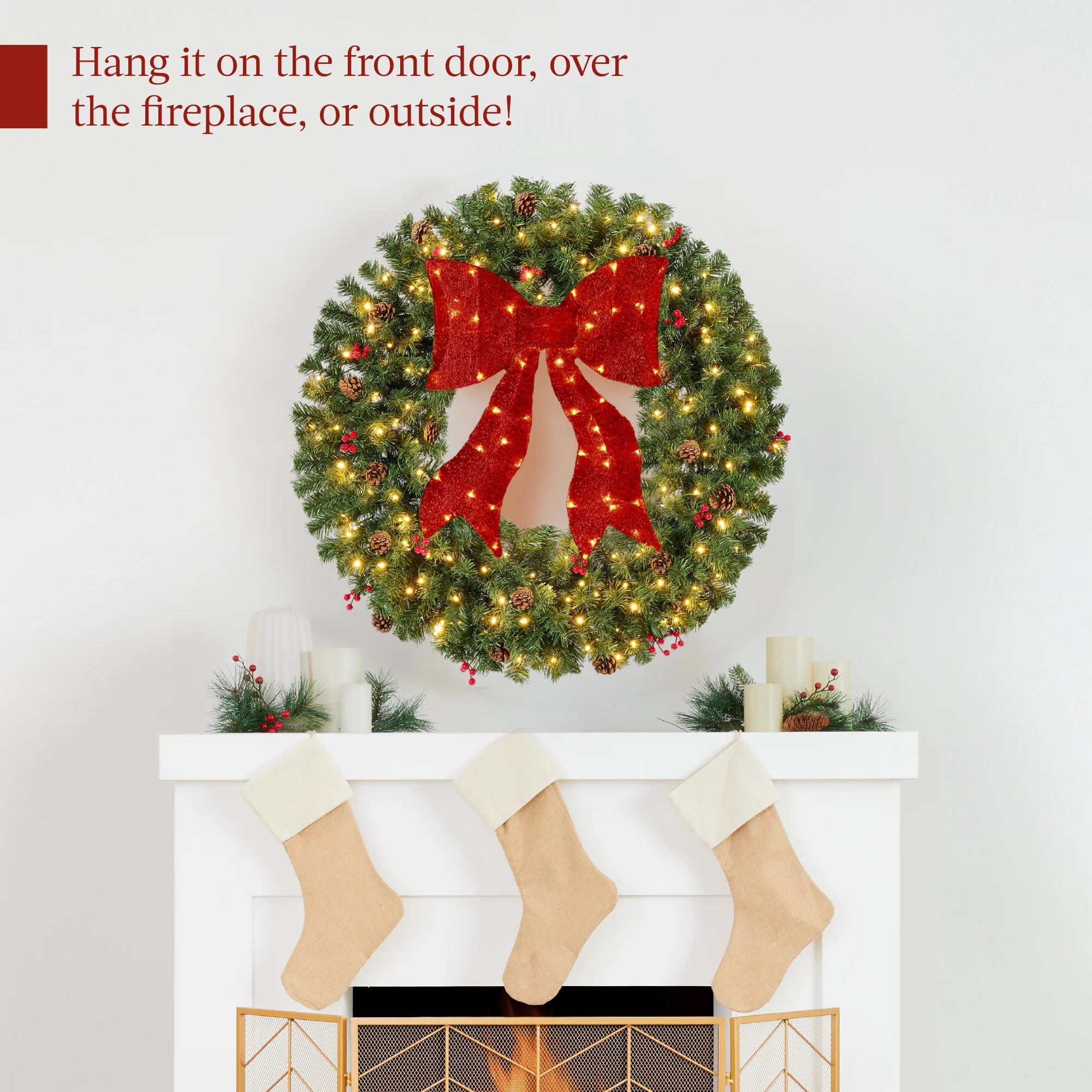 Pre-Lit Artificial Christmas Wreath w/Berries & Pinecones, Red Bow, Lights - Image 5