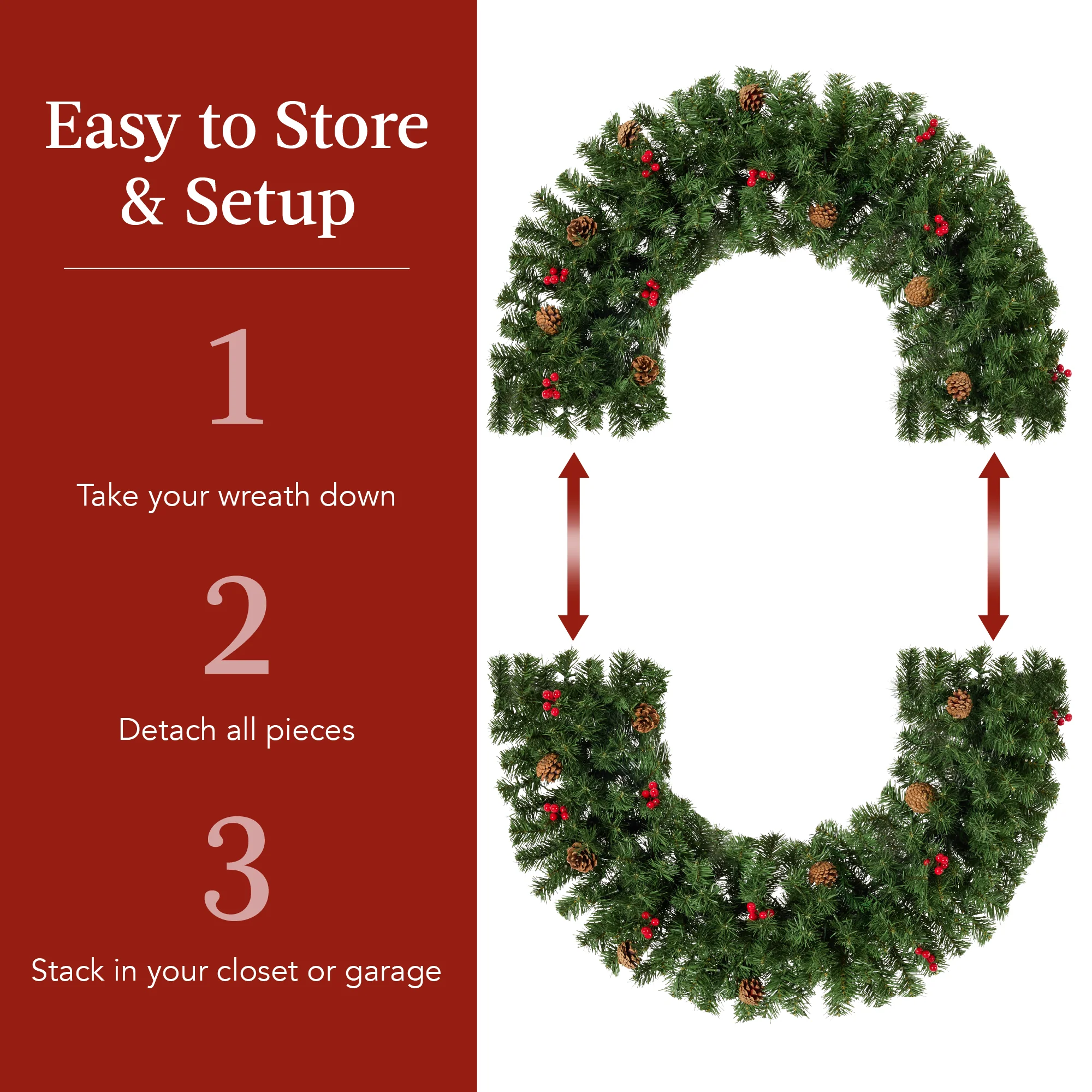 Pre-Lit Artificial Christmas Wreath w/Berries & Pinecones, Red Bow, Lights - Image 7