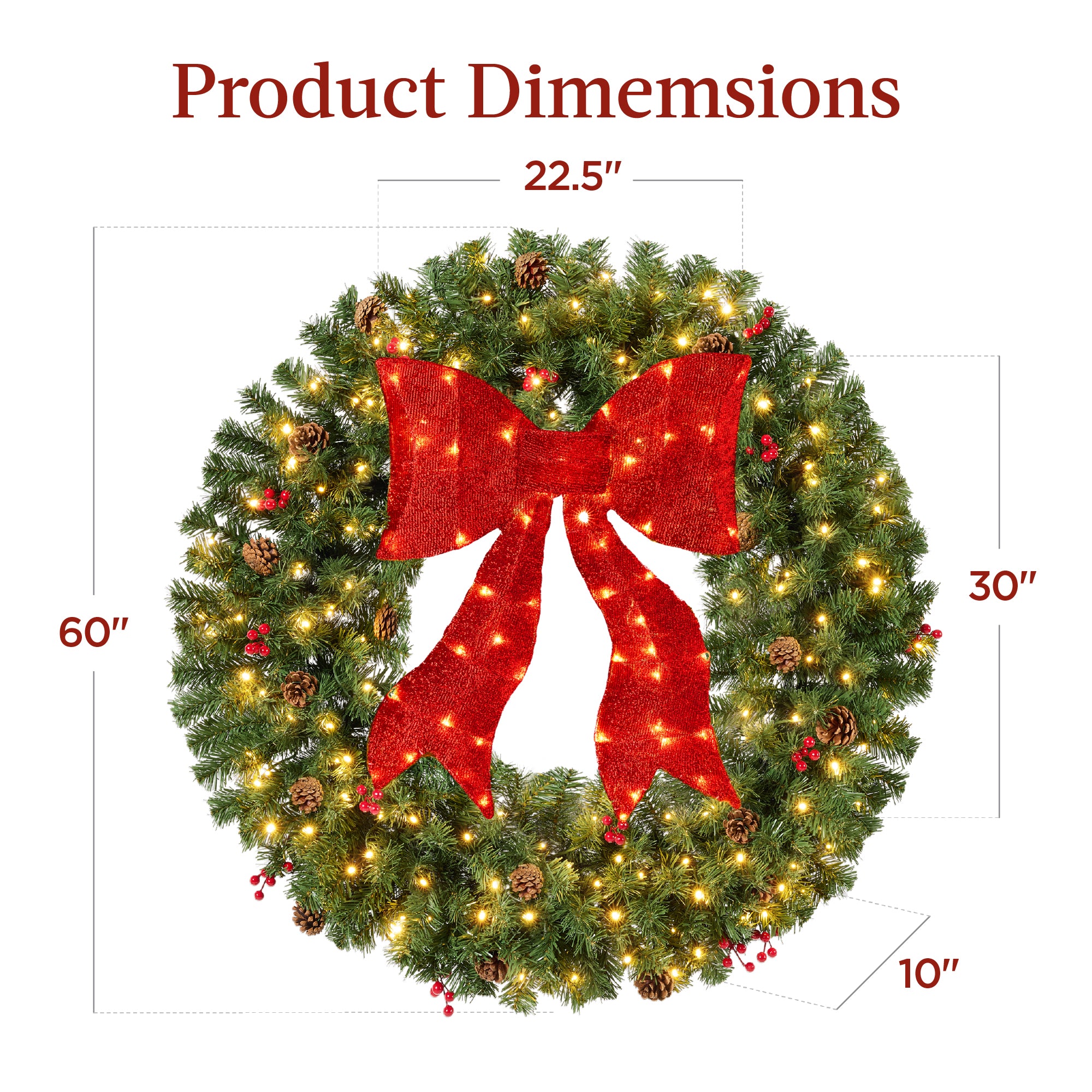 Pre-Lit Artificial Christmas Wreath w/Berries & Pinecones, Red Bow, Lights - Image 8