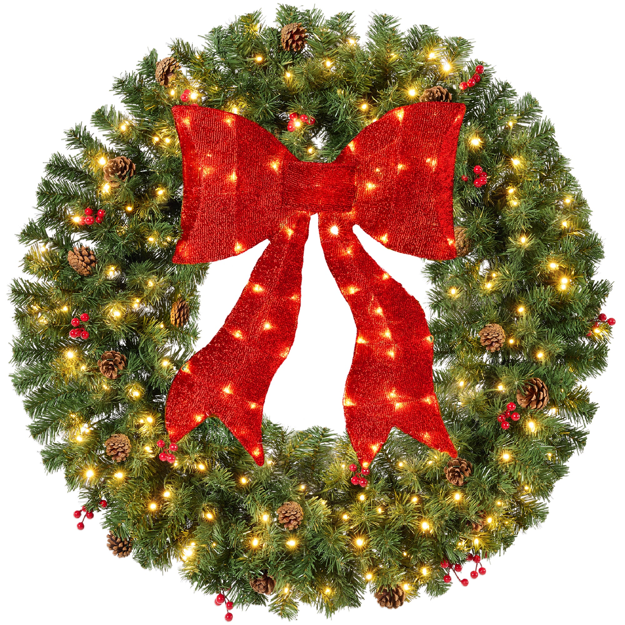 Pre-Lit Artificial Christmas Wreath w/Berries & Pinecones, Red Bow, Lights - Image 9