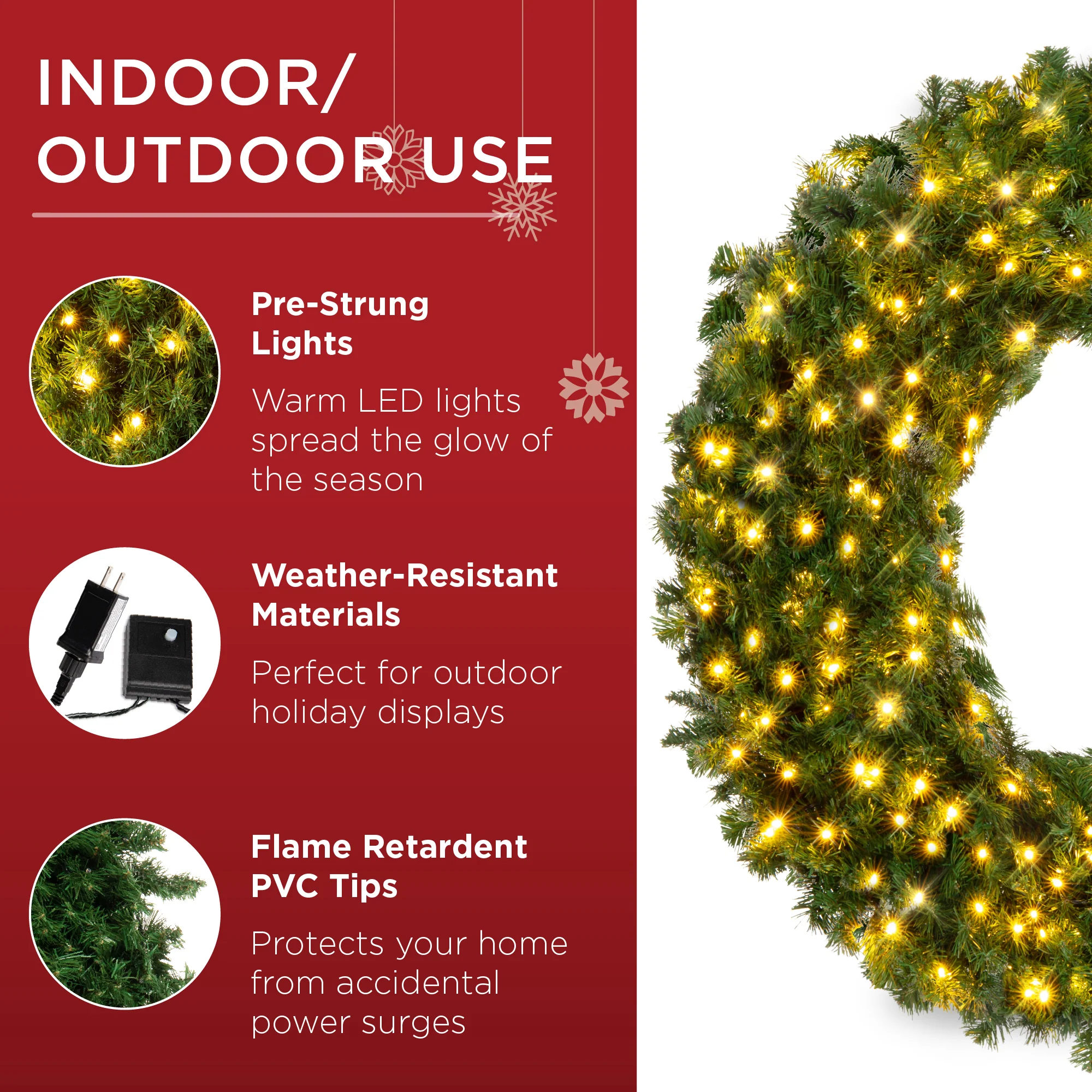Pre-Lit Artificial Fir Christmas Wreath w/ LED Lights, Plug-In, PVC Tips - Image 19