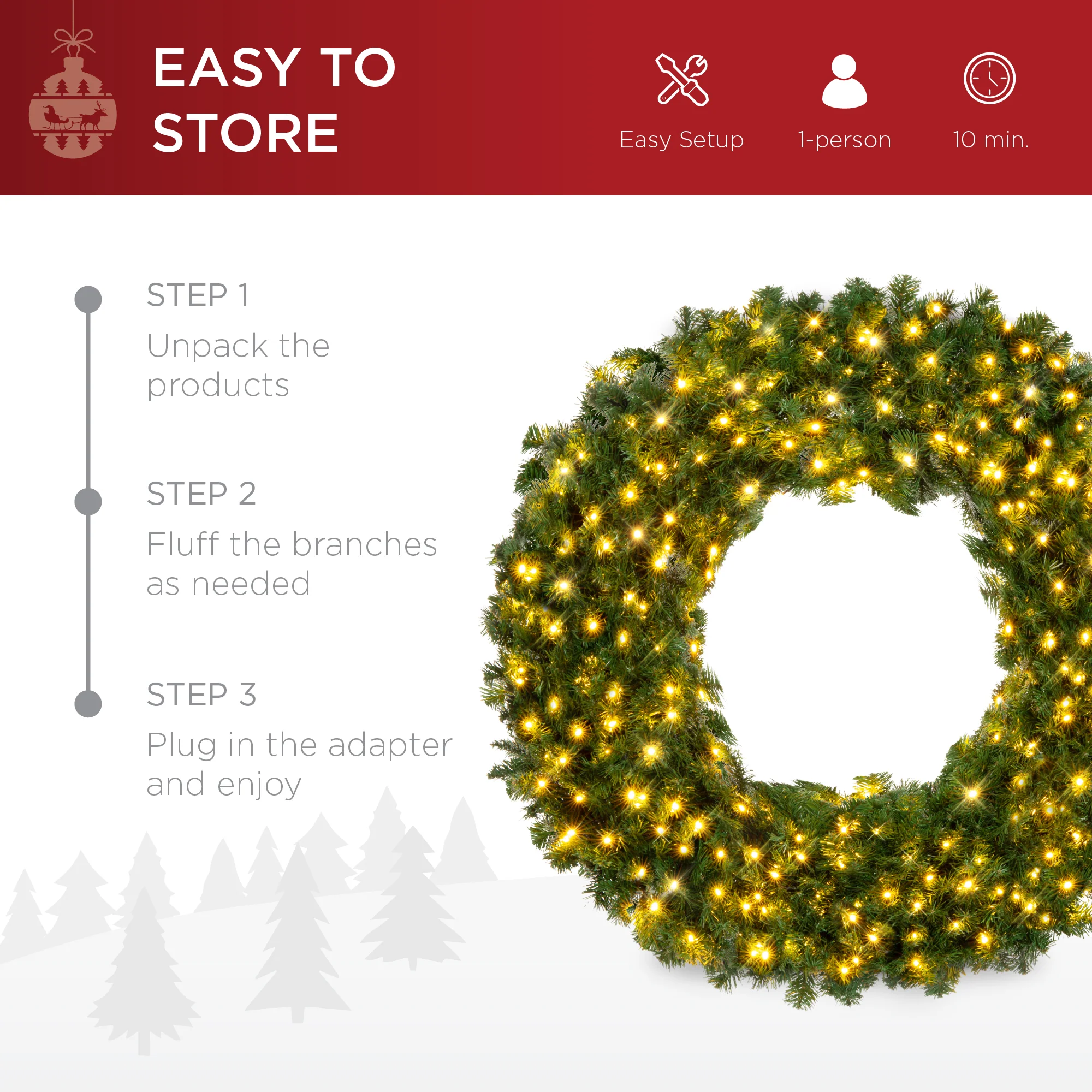 Pre-Lit Artificial Fir Christmas Wreath w/ LED Lights, Plug-In, PVC Tips - Image 20