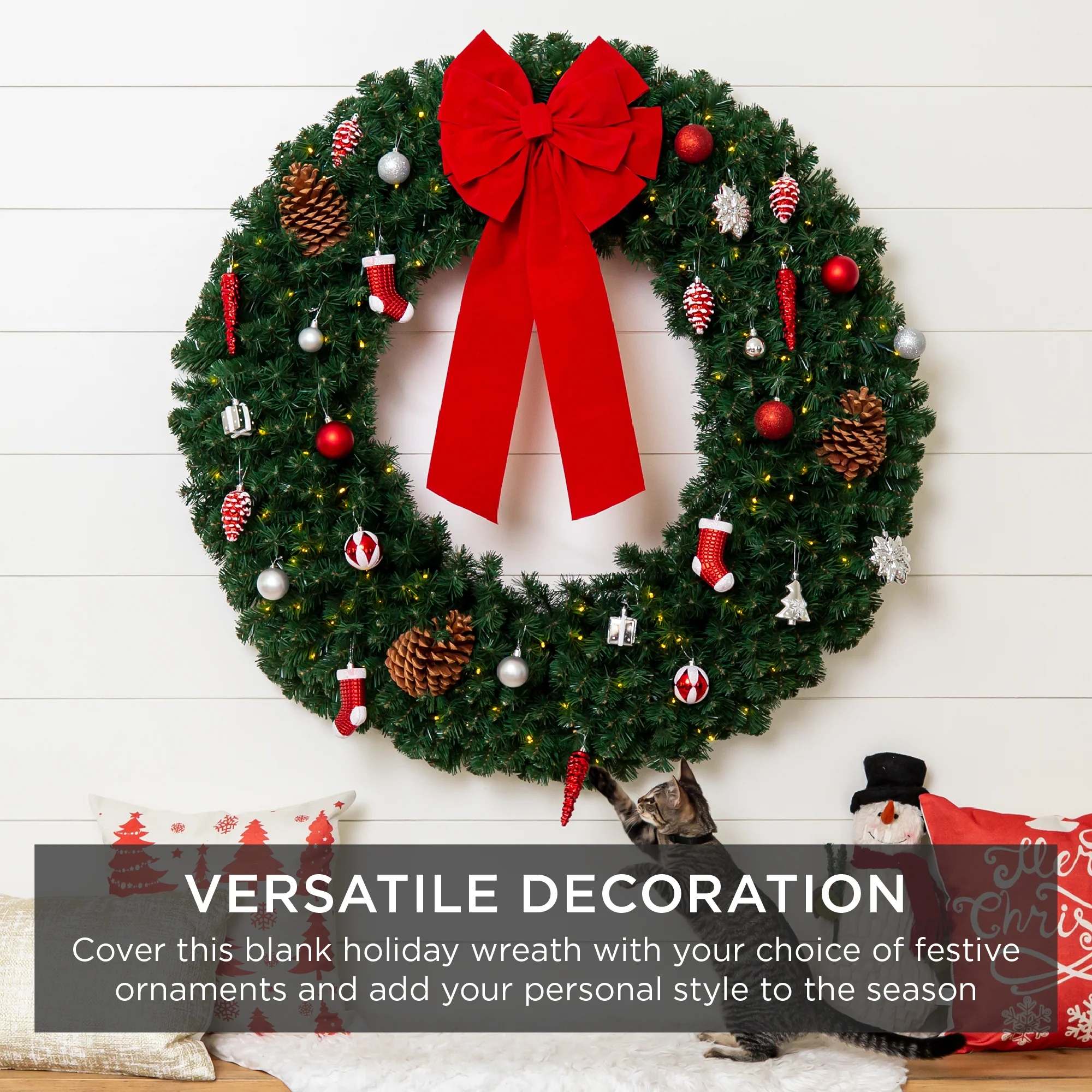 Pre-Lit Artificial Fir Christmas Wreath w/ LED Lights, Plug-In, PVC Tips - Image 3