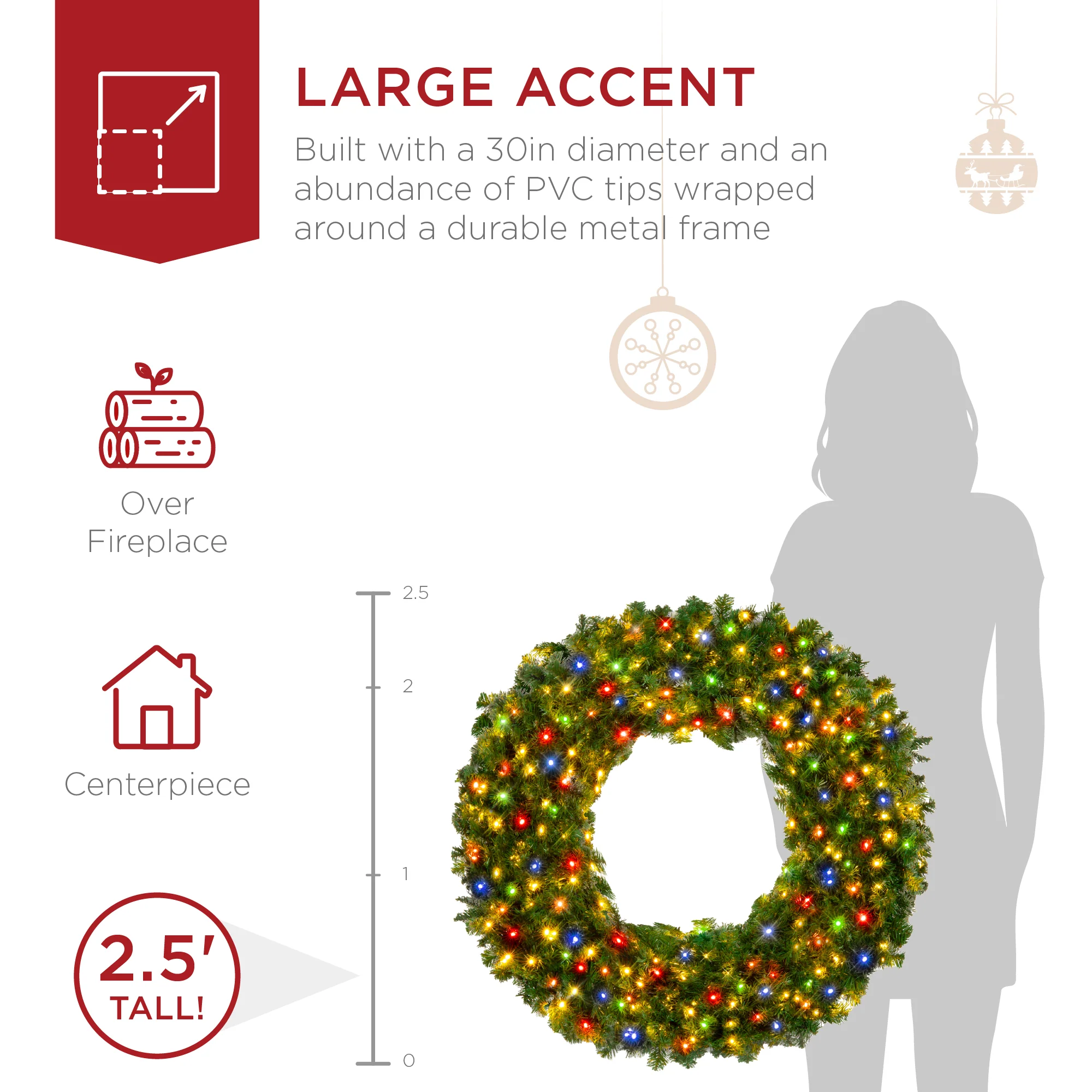 Pre-Lit Artificial Fir Christmas Wreath w/ Multicolor LED Lights, PVC Tips - Image 11