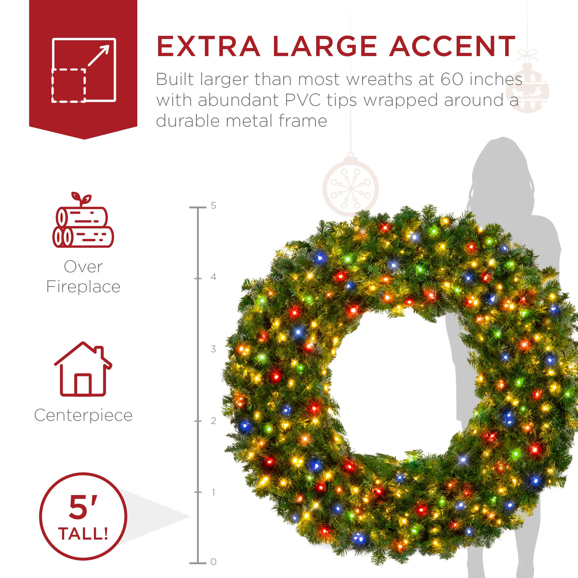 Pre-Lit Artificial Fir Christmas Wreath w/ Multicolor LED Lights, PVC Tips - Image 17