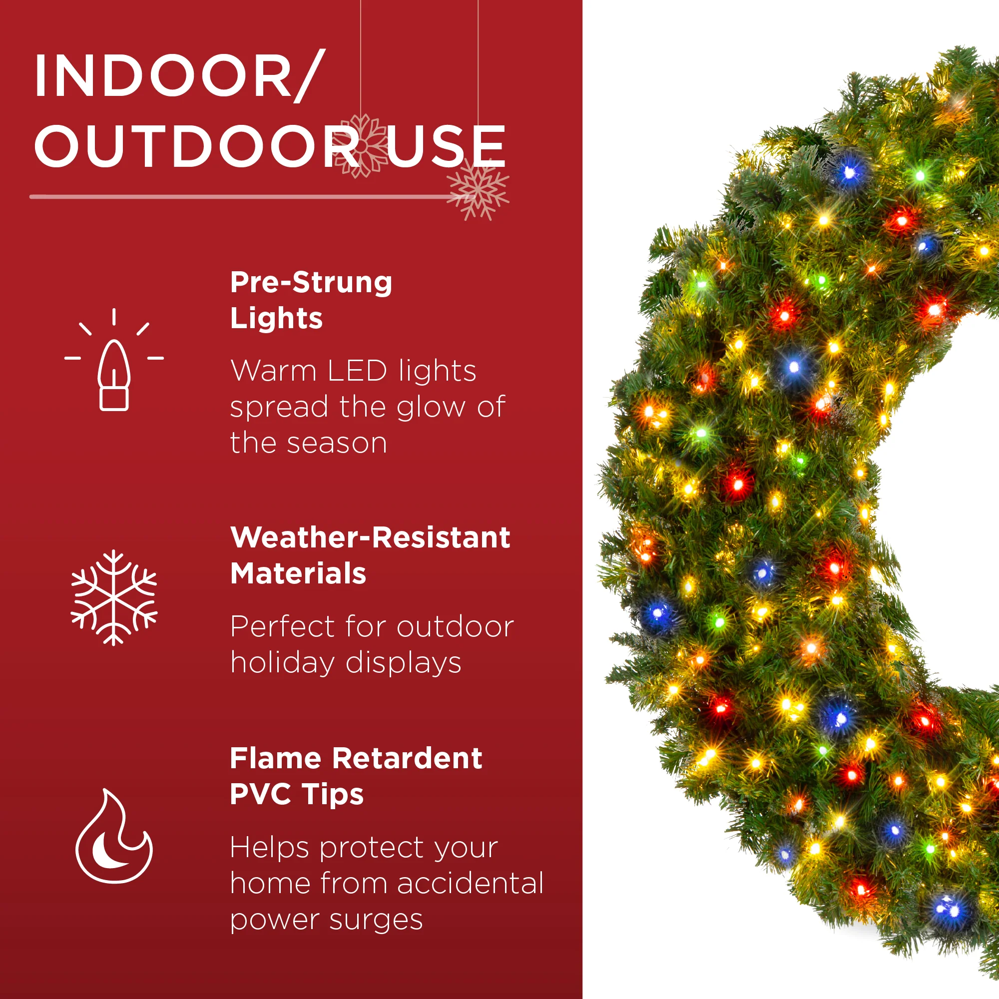 Pre-Lit Artificial Fir Christmas Wreath w/ Multicolor LED Lights, PVC Tips - Image 18