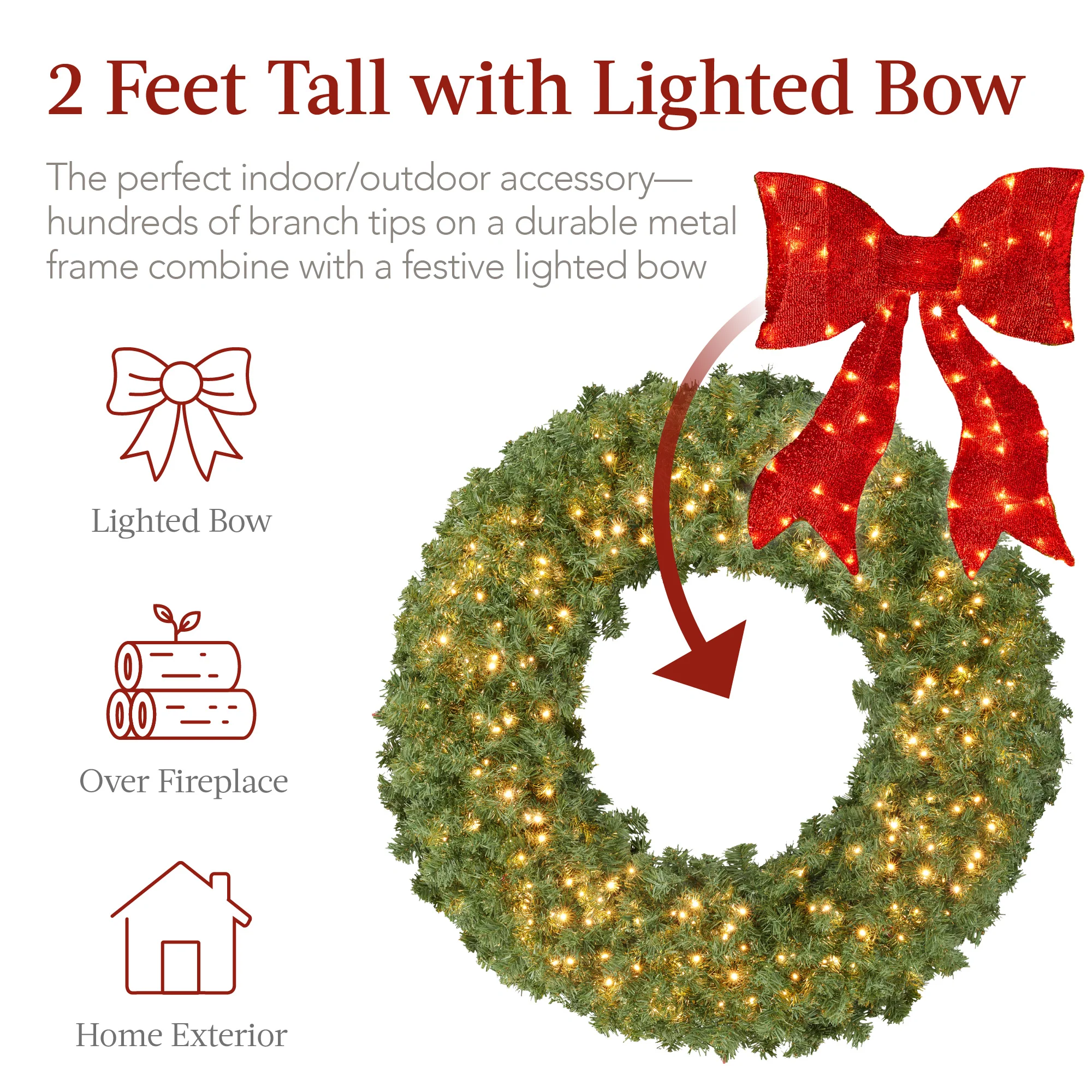 Pre-Lit Artificial Fir Christmas Wreath w/ Red Bow, LED Lights - Image 3