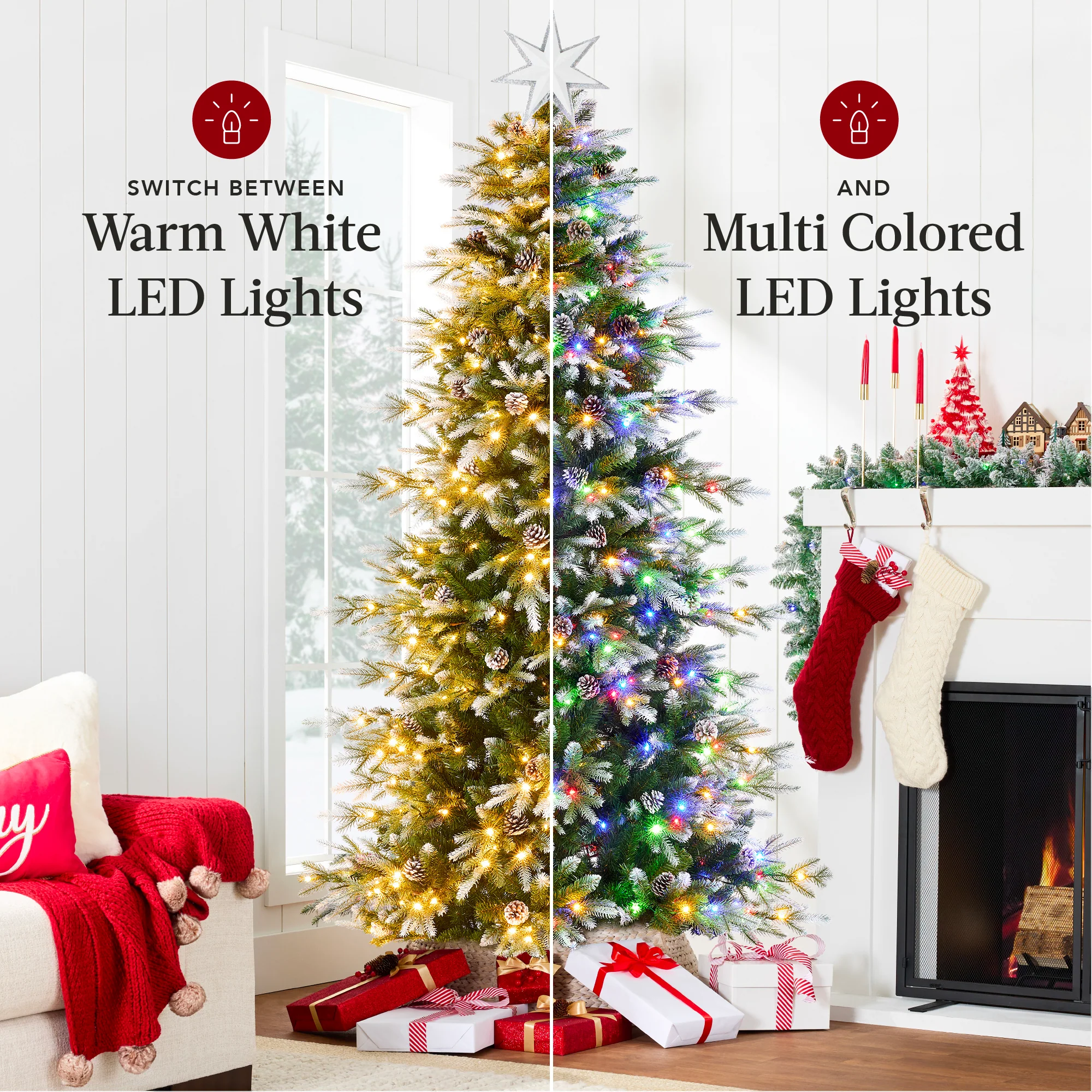 Pre-Lit Artificial Flocked Slim Aspen Noble Fir Christmas Tree w/ Stand - Image 11