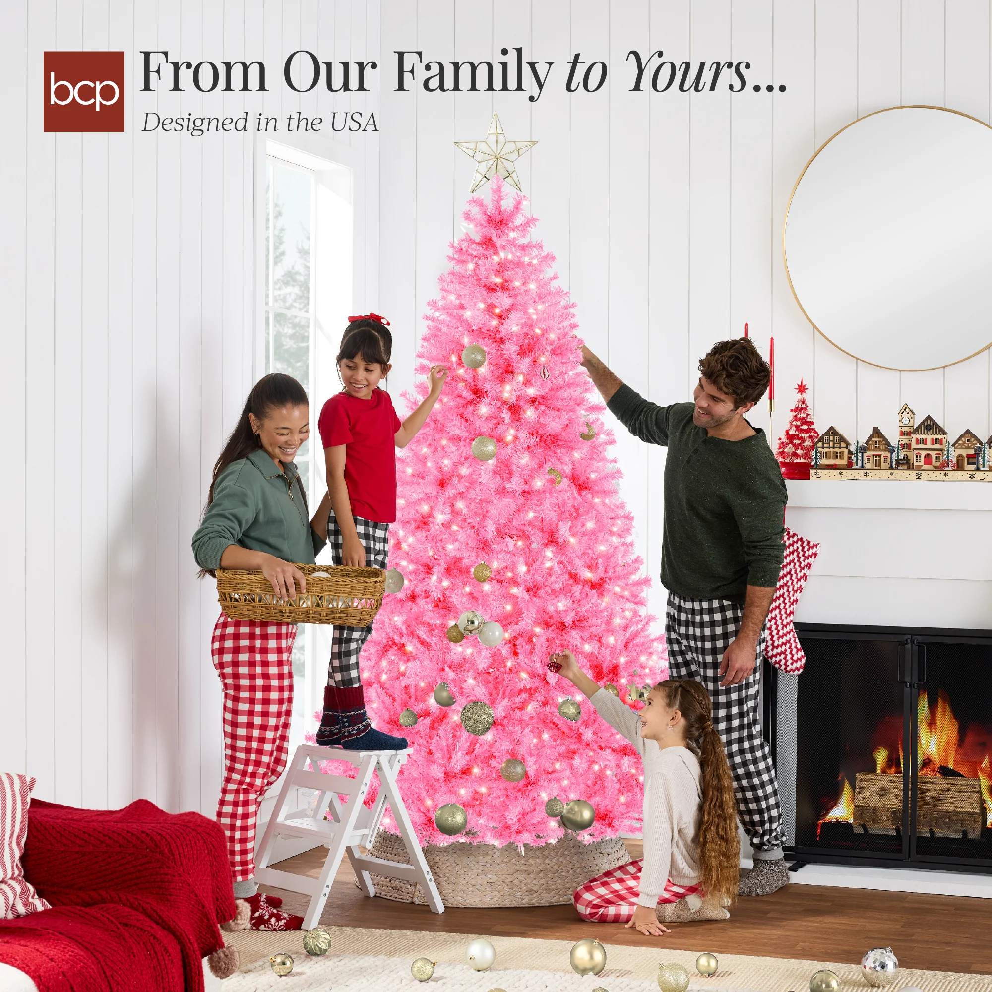 Pre-Lit Artificial Pink Christmas Tree w/ Incandescent Lights, Metal Stand - Image 4