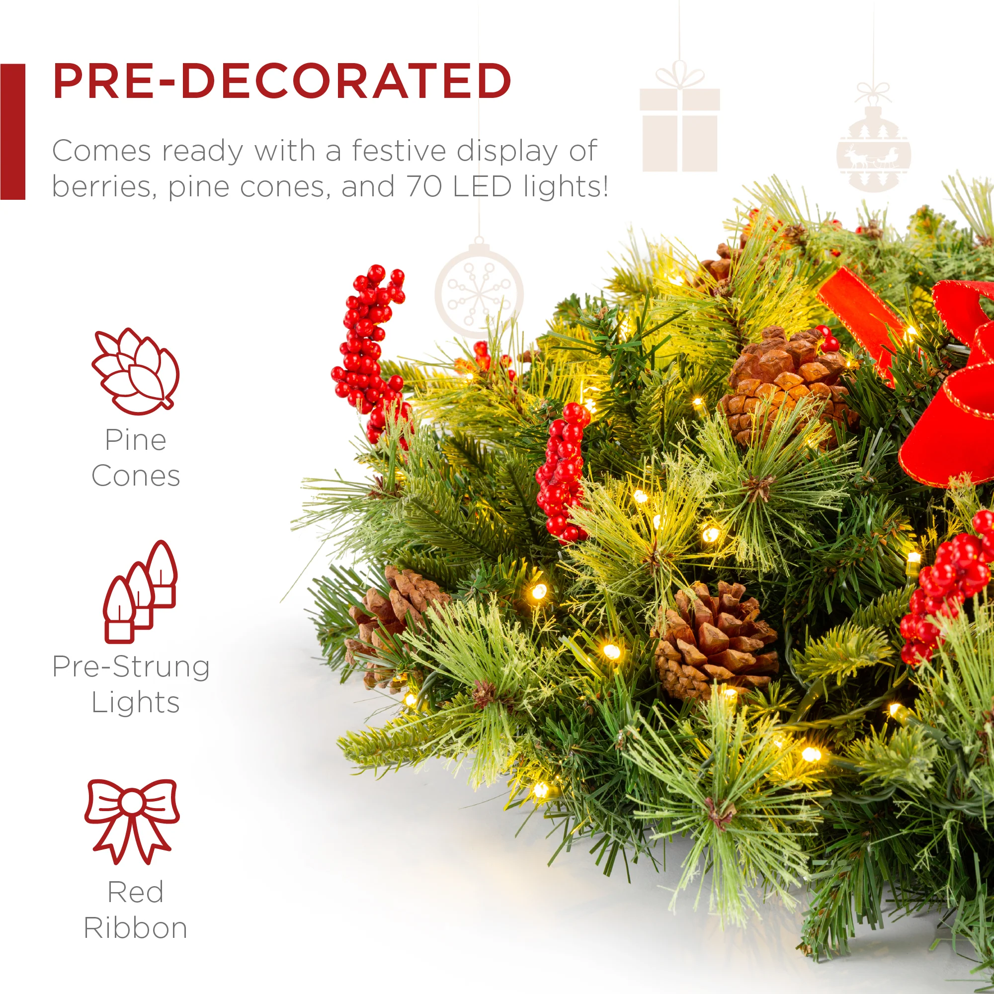 Pre-Lit Battery Powered Christmas Wreath w/ Lights, PVC Tips, Ribbon - Image 10
