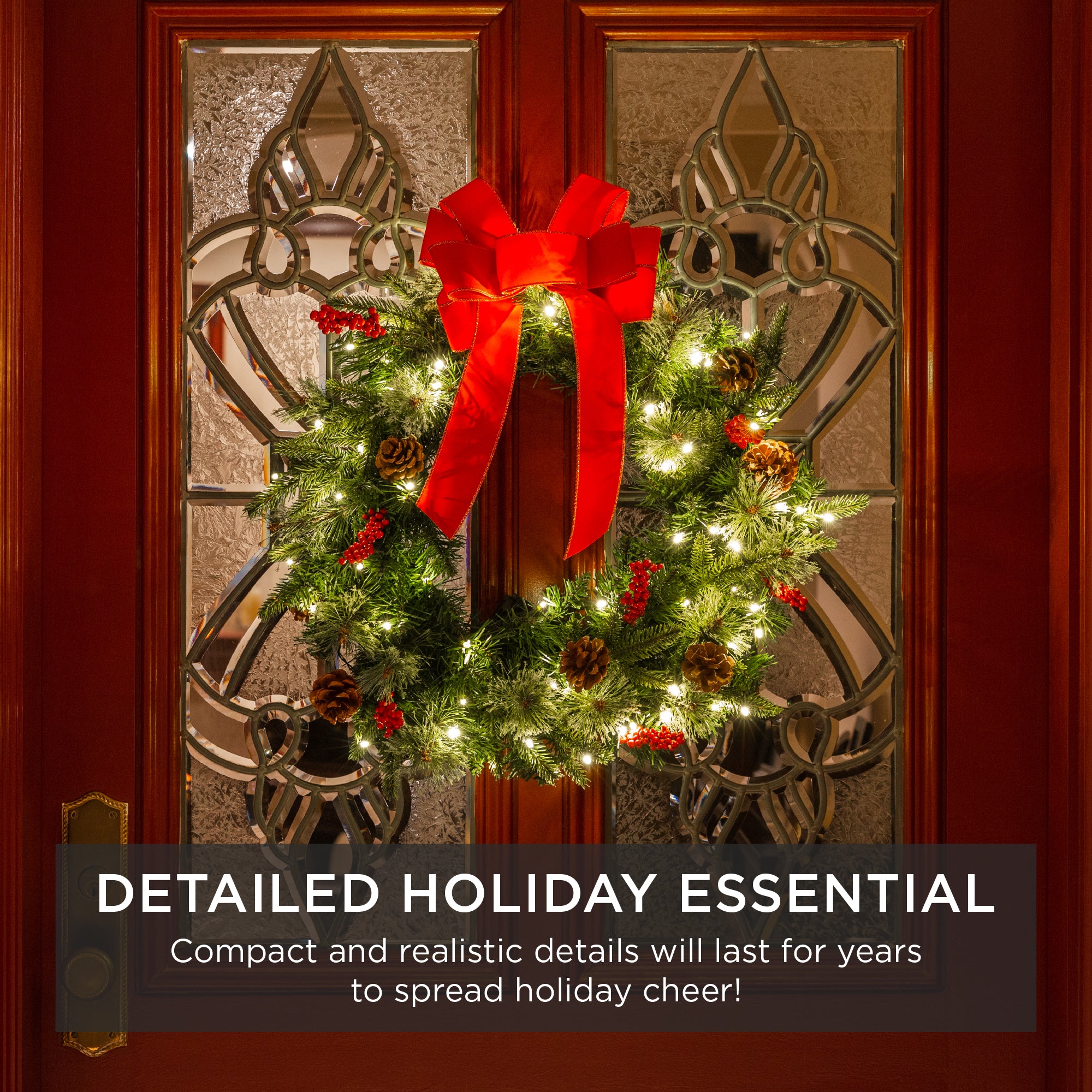 Pre-Lit Battery Powered Christmas Wreath w/ Lights, PVC Tips, Ribbon - Image 6