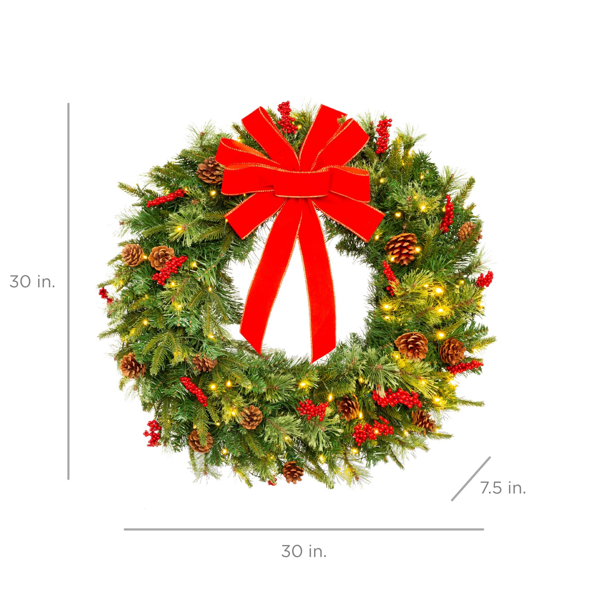 Pre-Lit Battery Powered Christmas Wreath w/ Lights, PVC Tips, Ribbon - Image 7