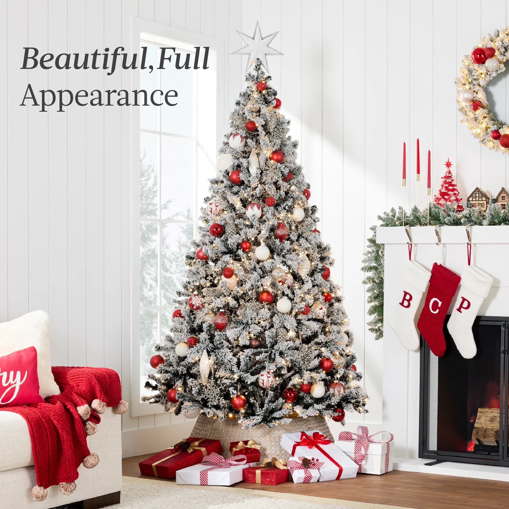 Pre-Lit Black Flocked Artificial Pine Christmas Tree w/ White Lights - Image 11