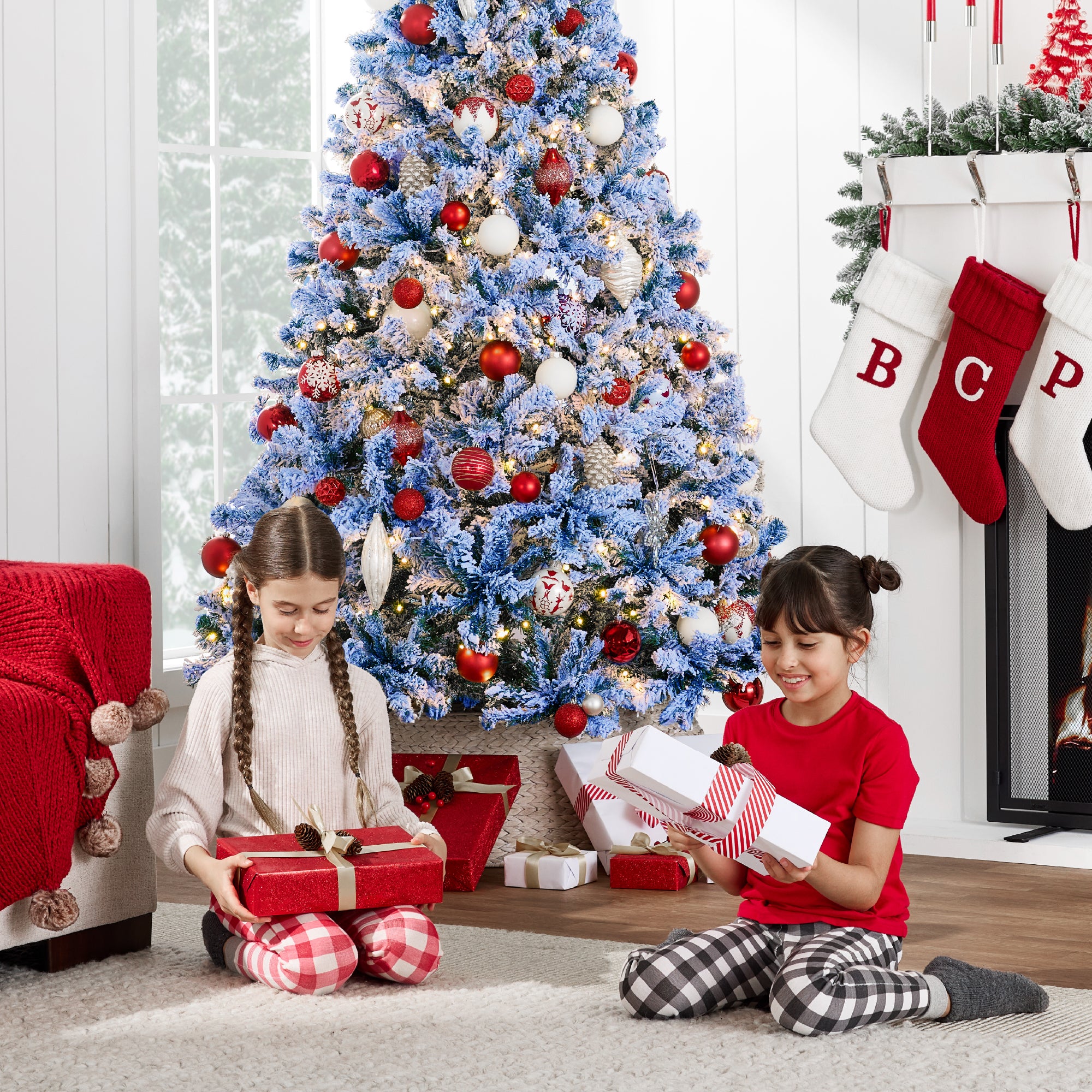 Pre-Lit Blue Flocked Artificial Pine Christmas Tree w/ White Lights - Image 29
