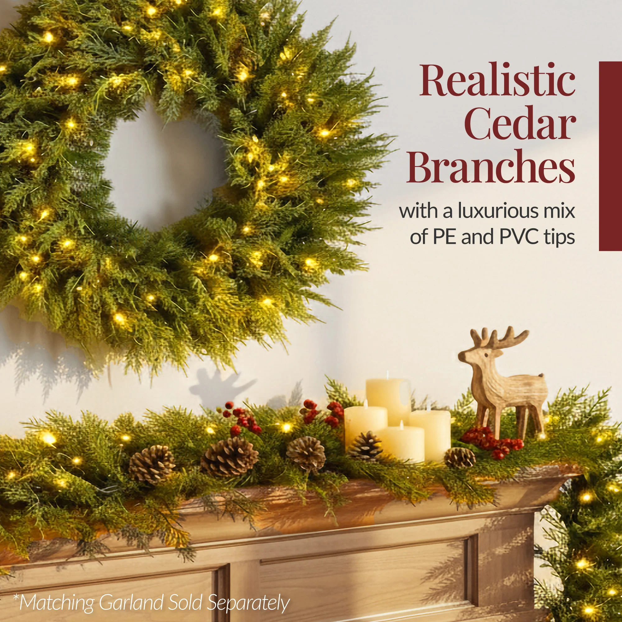 Pre-Lit Cedar Cypress Christmas Realistic Wreath w/ Twinkling LEDs - Image 11