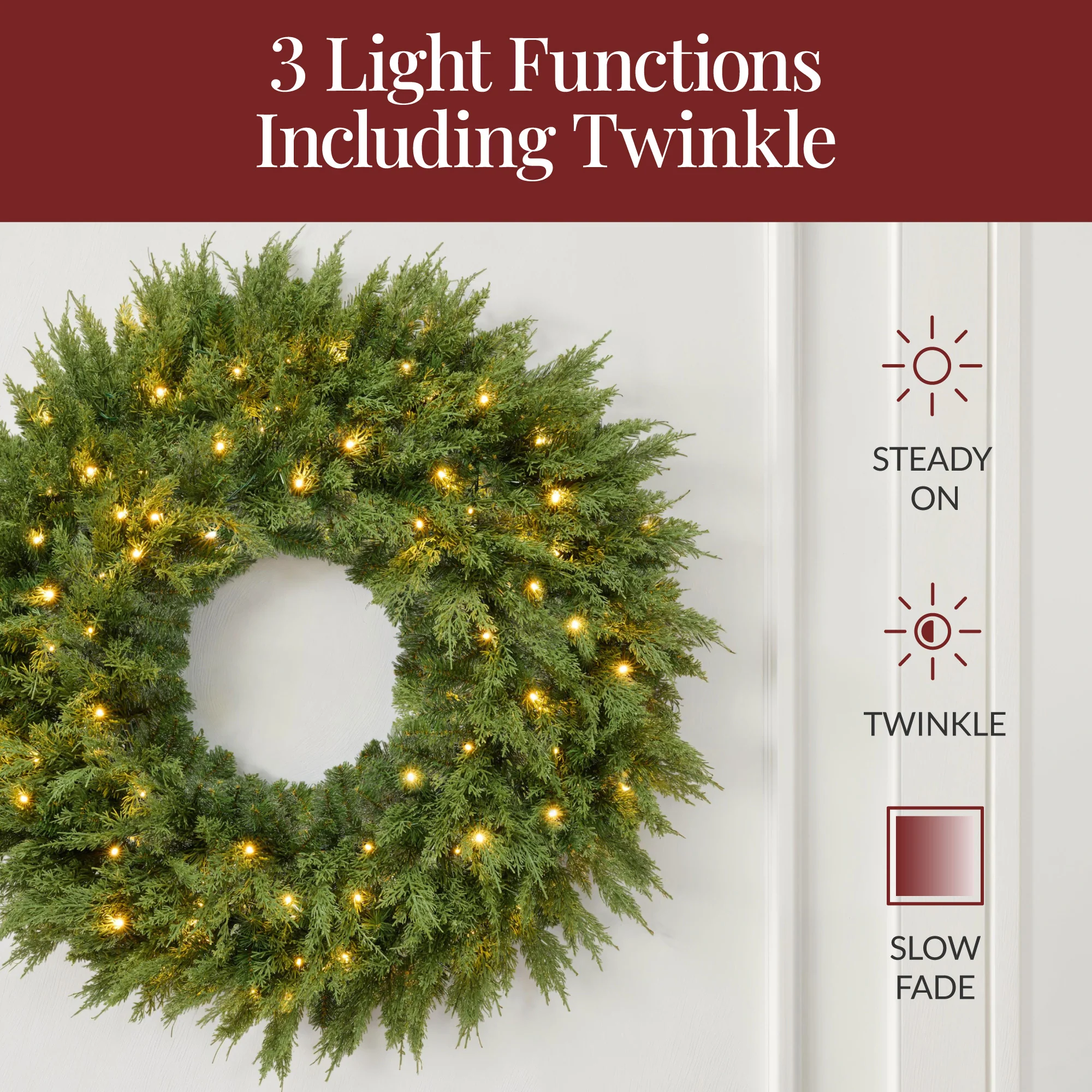 Pre-Lit Cedar Cypress Christmas Realistic Wreath w/ Twinkling LEDs - Image 12