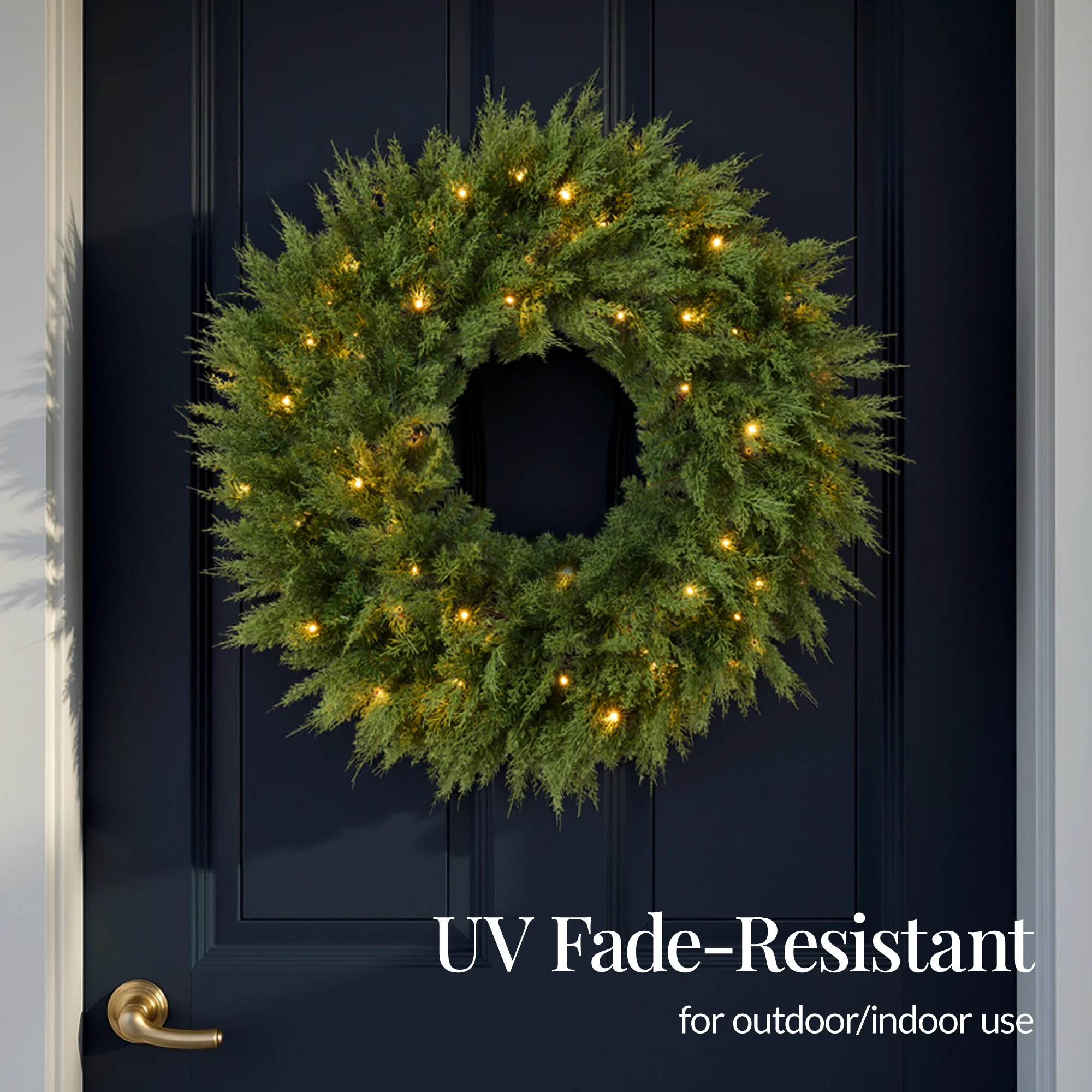 Pre-Lit Cedar Cypress Christmas Realistic Wreath w/ Twinkling LEDs - Image 6