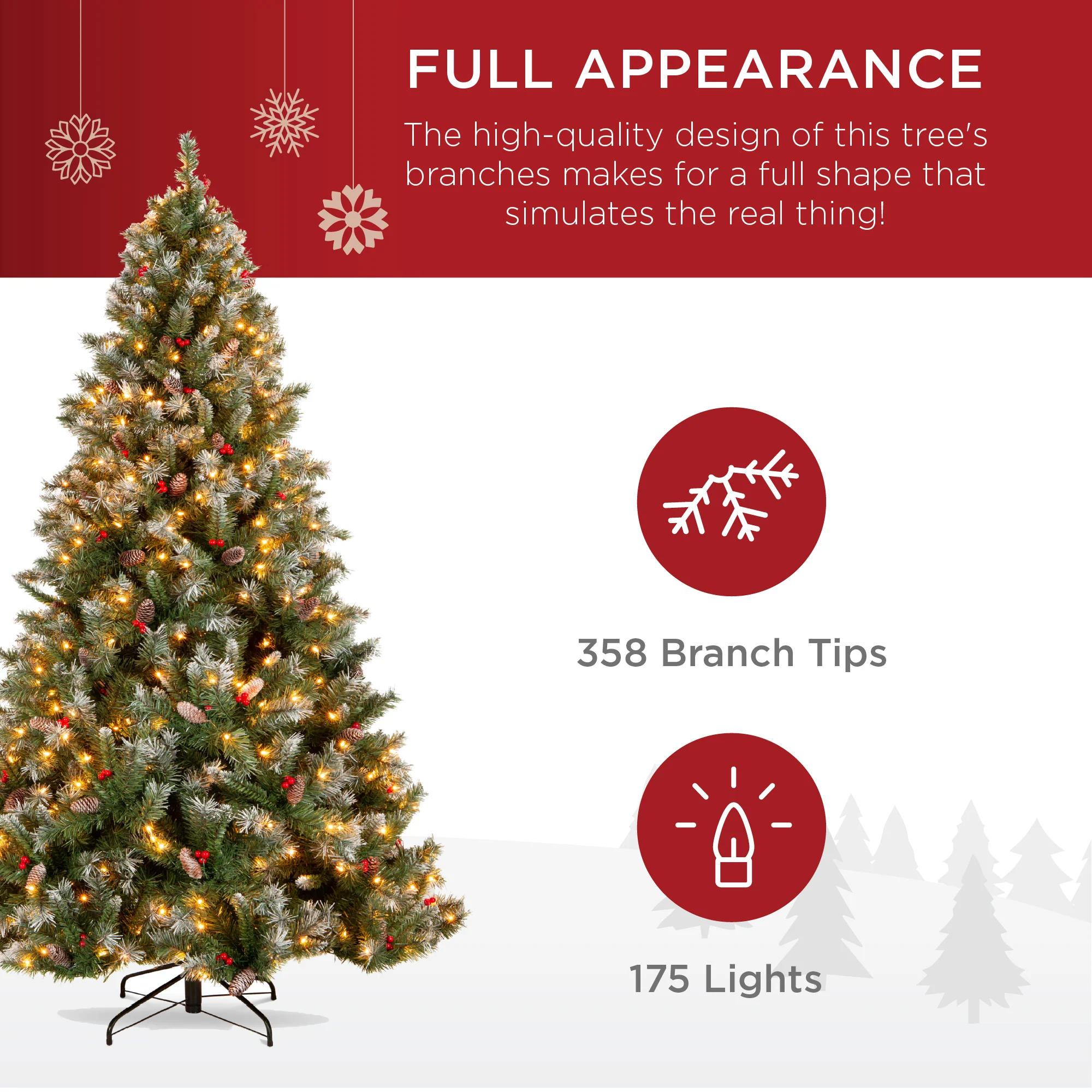 Pre-Lit Christmas Pine Tree w/ Pine Cones, Flocked Branch Tips, Berries - Image 5