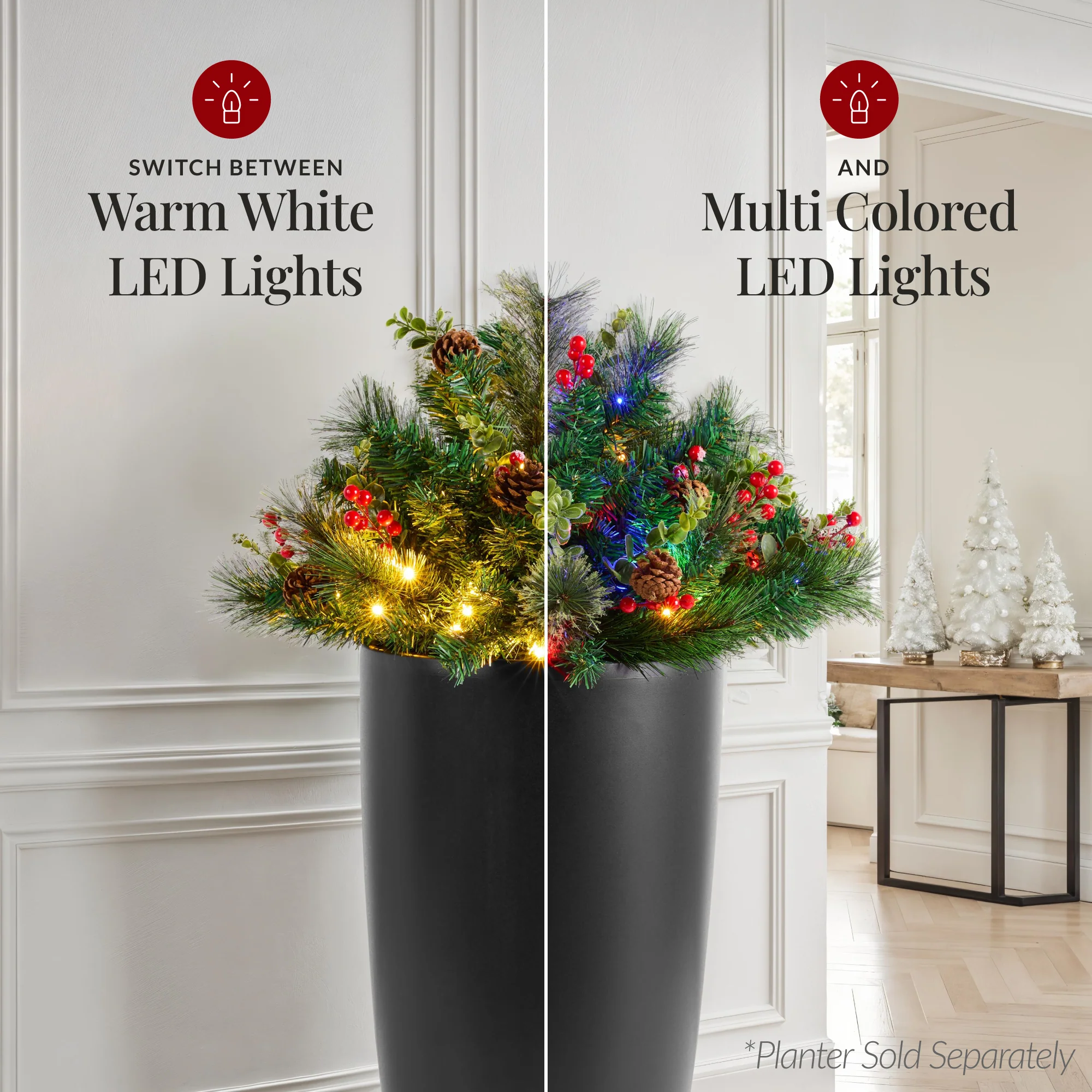 Pre-Lit Christmas Urn Filler, White & Multi LED Lights, 26" Diameter - Image 6