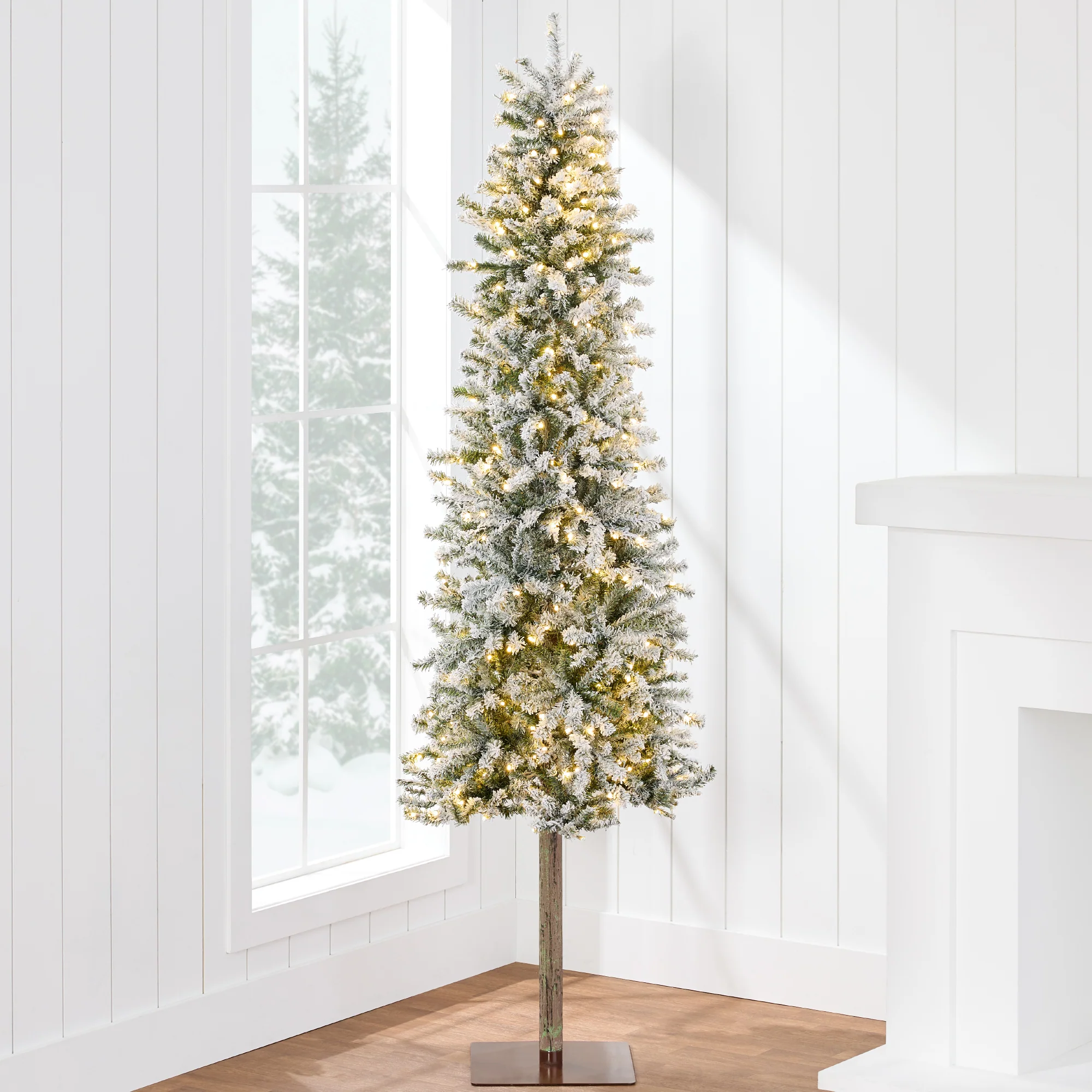 Pre-Lit Flocked Alpine Slim Pencil Christmas Tree w/ LED Lights, Stand - Image 8