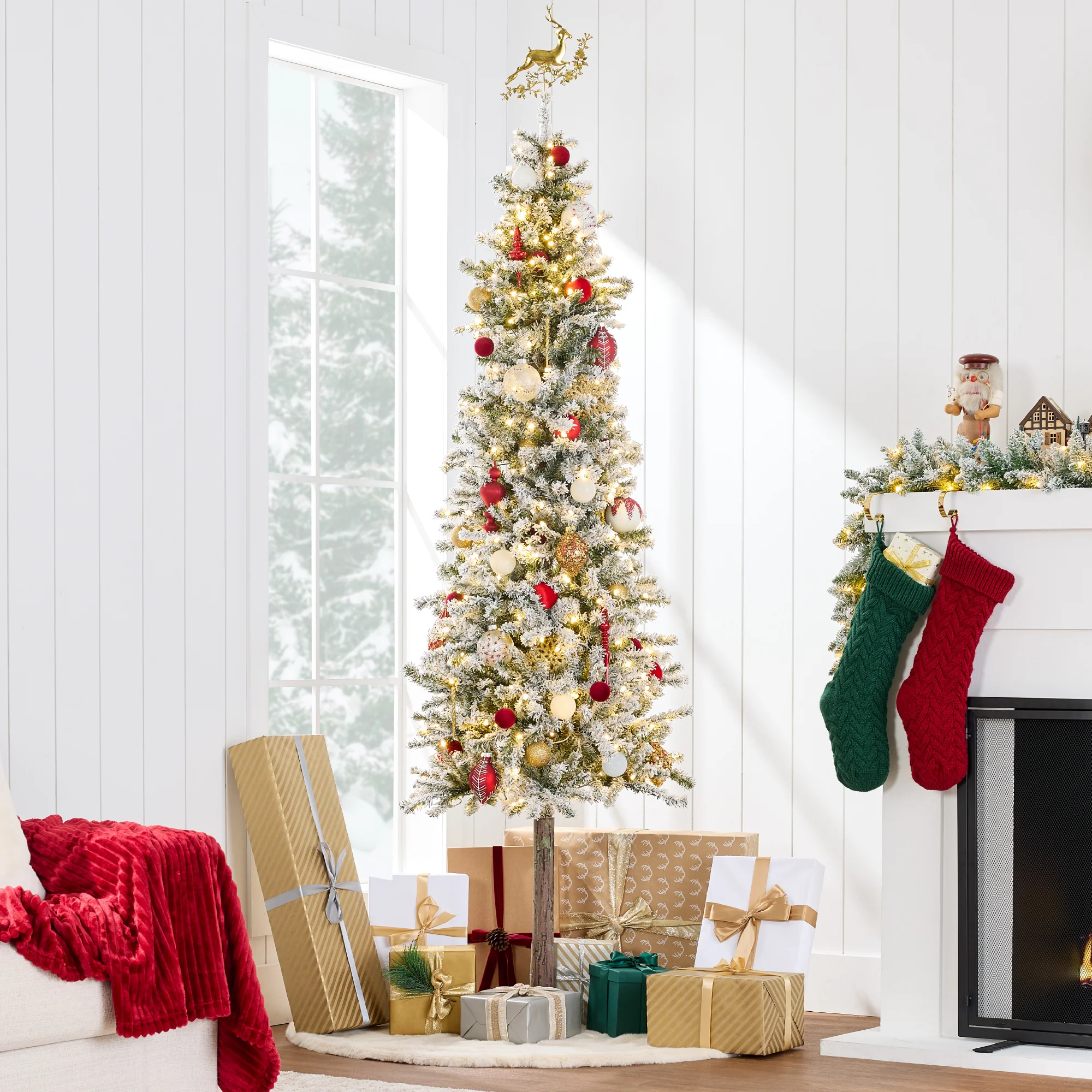 Pre-Lit Flocked Alpine Slim Pencil Christmas Tree w/ LED Lights, Stand - Image 9
