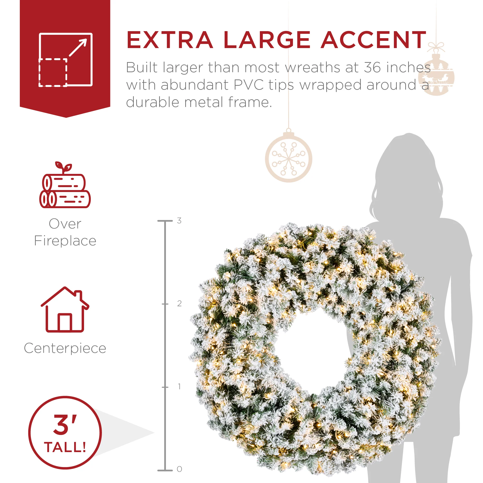 Pre-Lit Flocked Artificial Fir Christmas Wreath w/ 2-in-1 LED Lights - Image 10