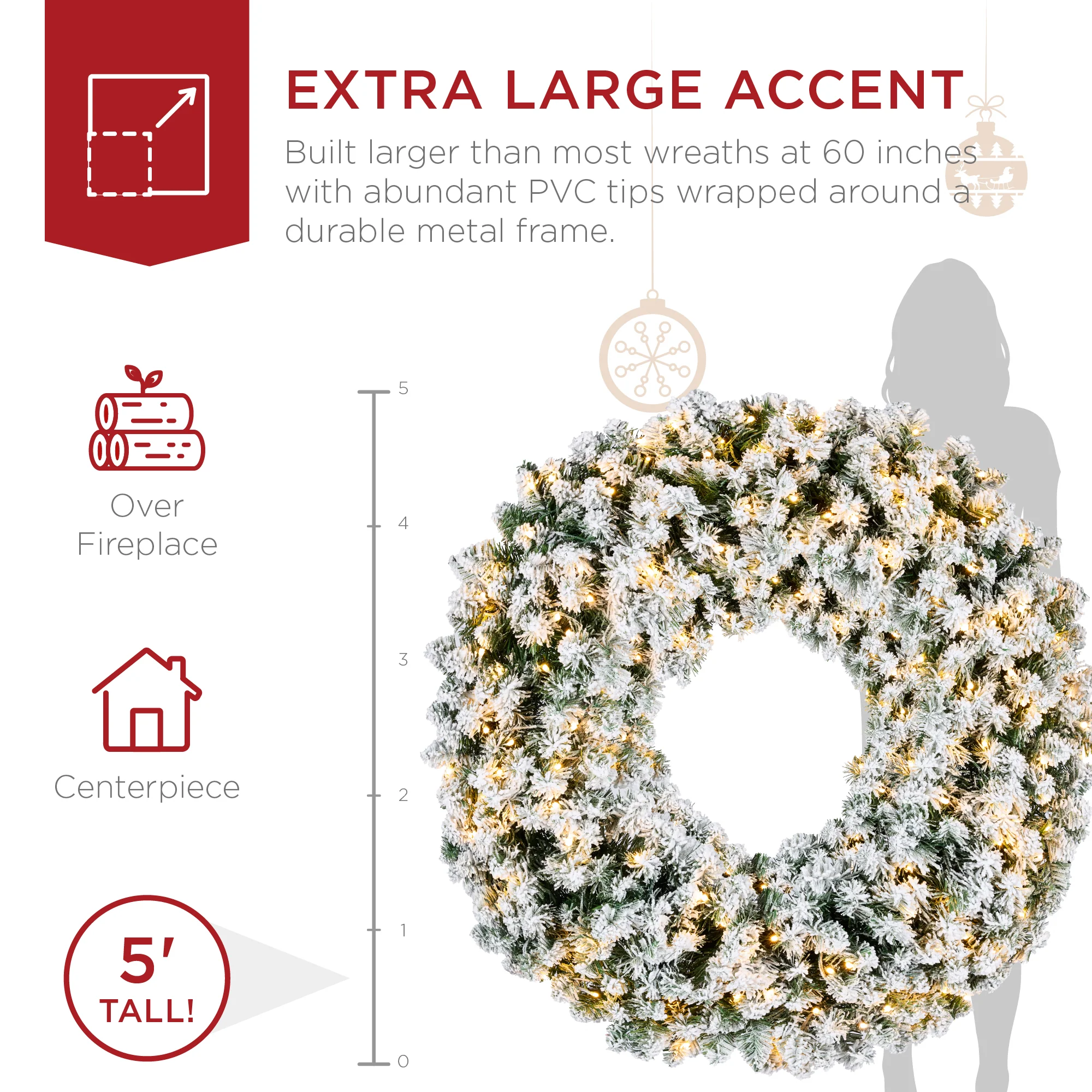 Pre-Lit Flocked Artificial Fir Christmas Wreath w/ 2-in-1 LED Lights - Image 24