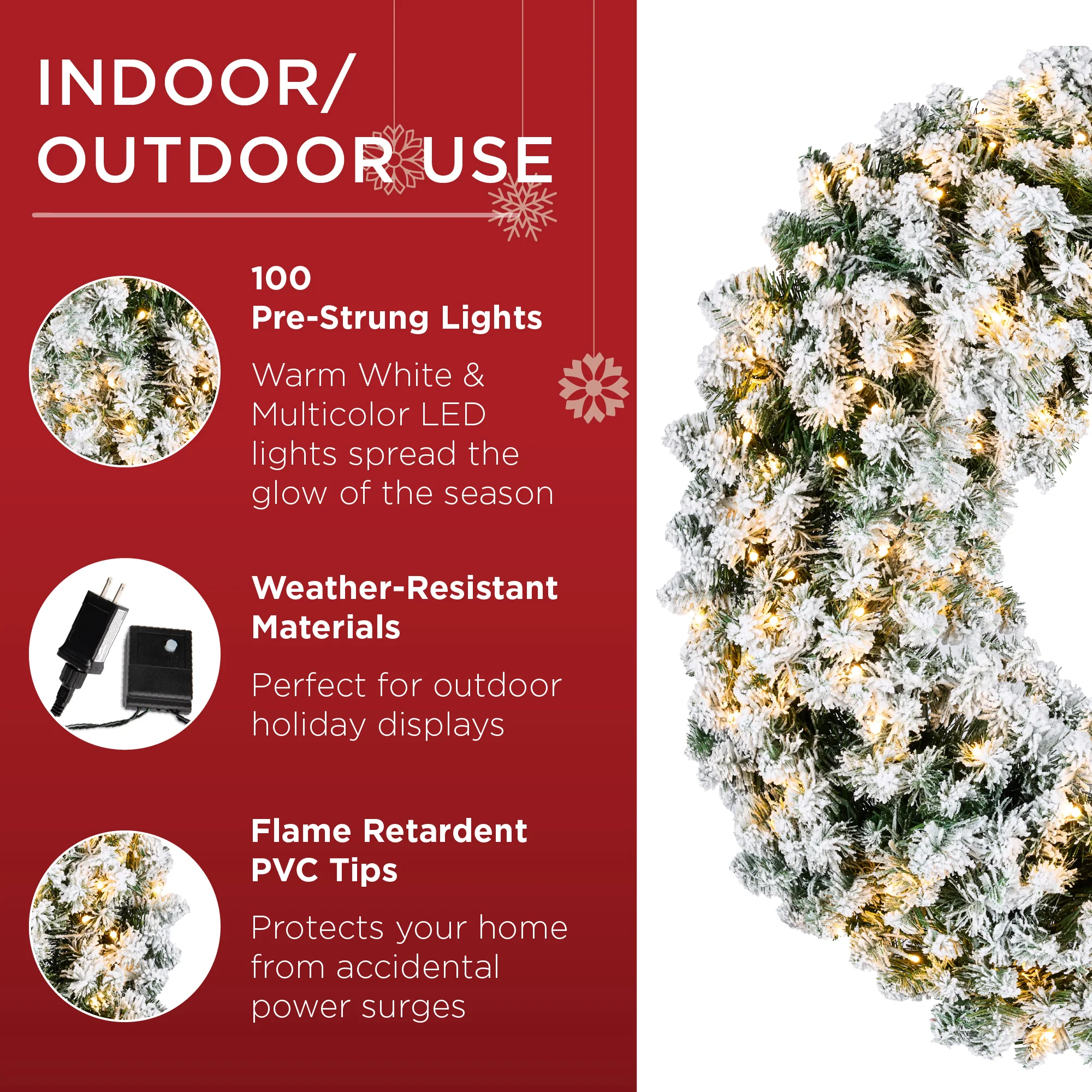 Pre-Lit Flocked Artificial Fir Christmas Wreath w/ 2-in-1 LED Lights - Image 4