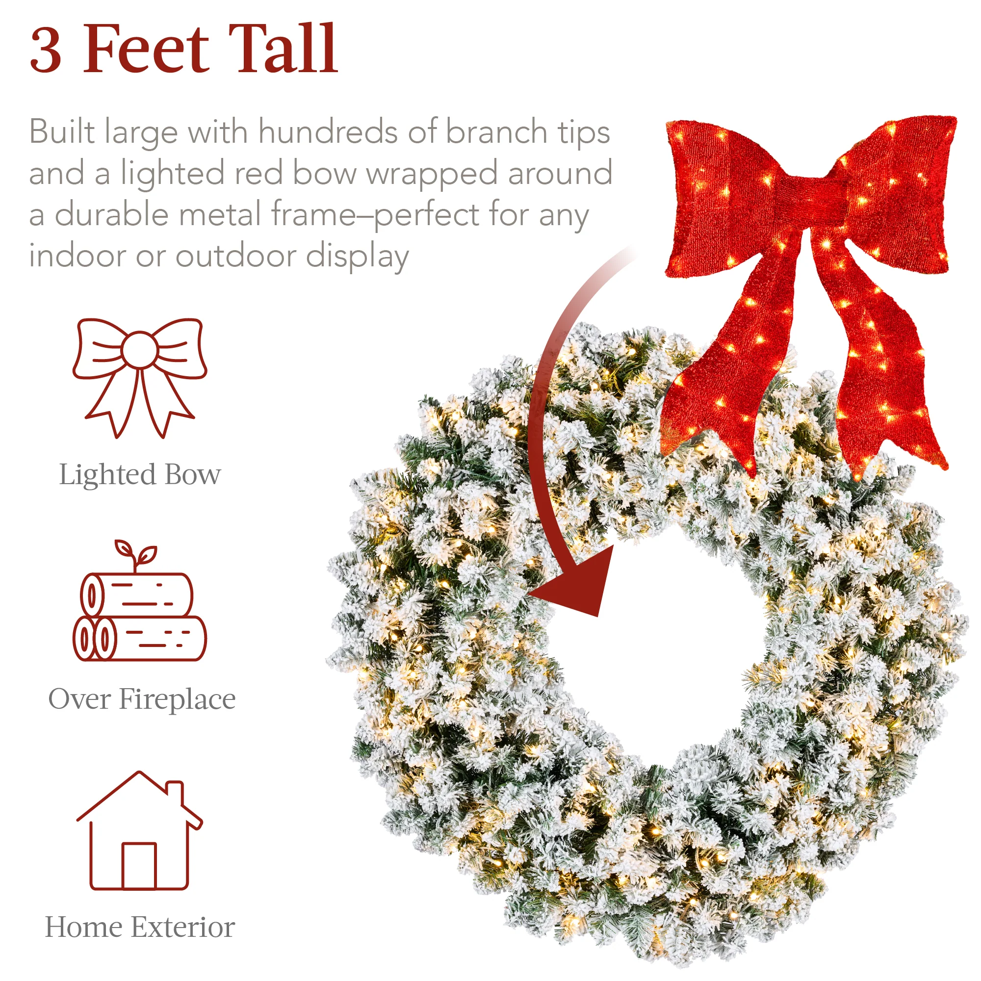 Pre-Lit Flocked Artificial Fir Christmas Wreath w/ Red Bow, LED Lights - Image 10
