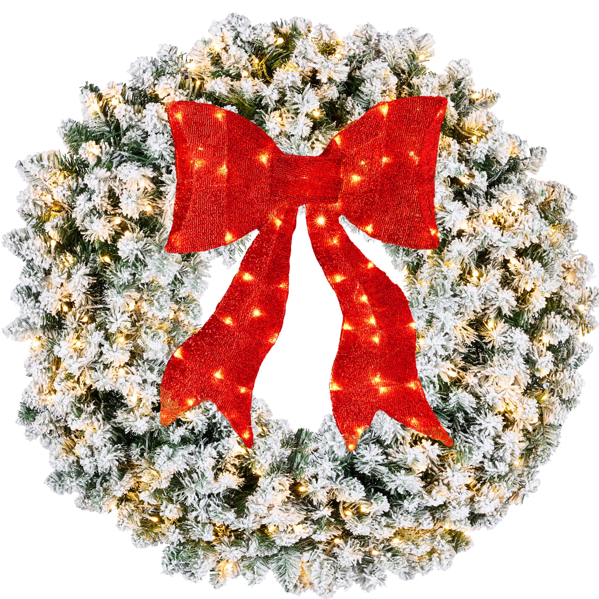 Pre-Lit Flocked Artificial Fir Christmas Wreath w/ Red Bow, LED Lights - Image 14