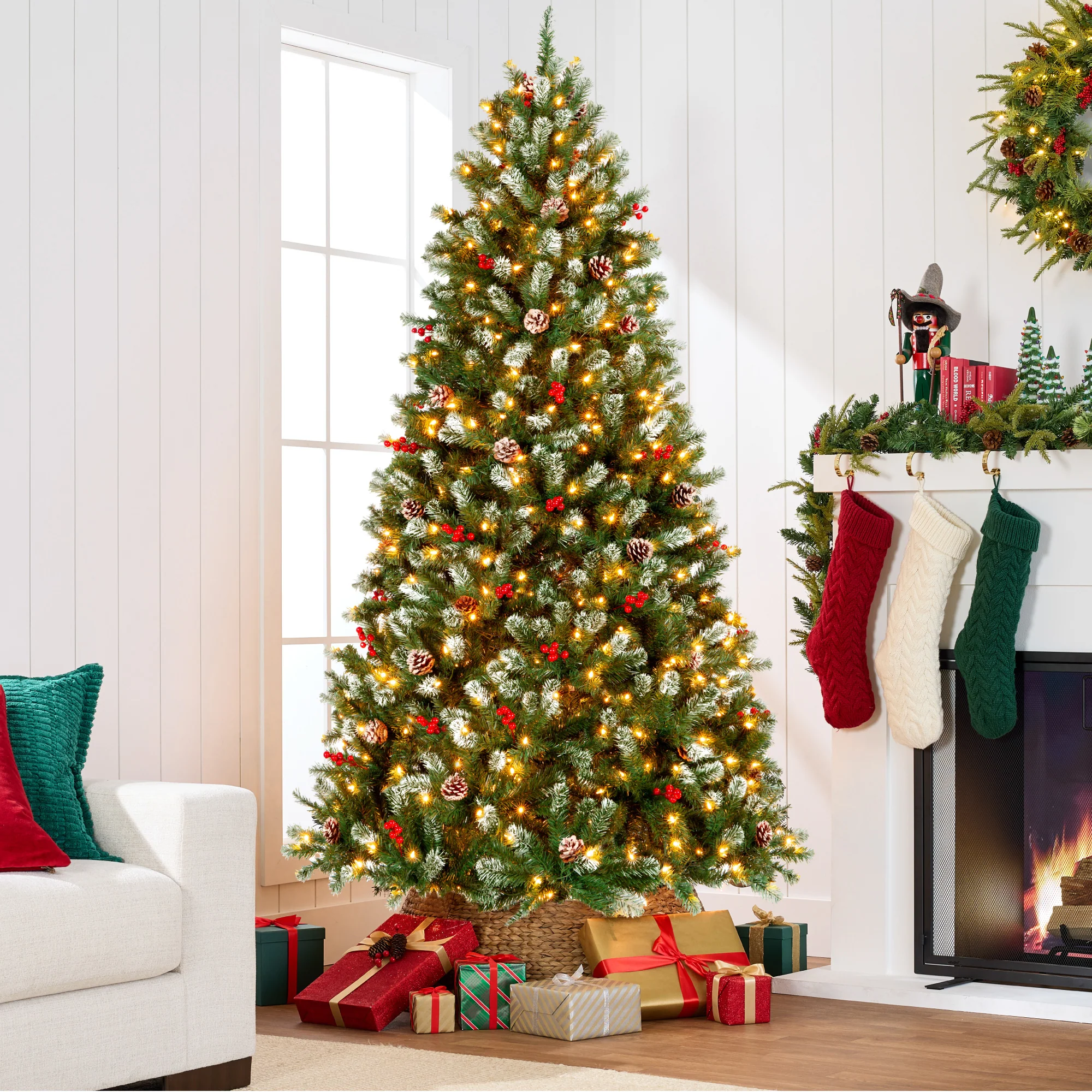 Pre-Lit Frosted Spruce Christmas Tree, w/ Pinecones, Berries, Metal Base - Image 3