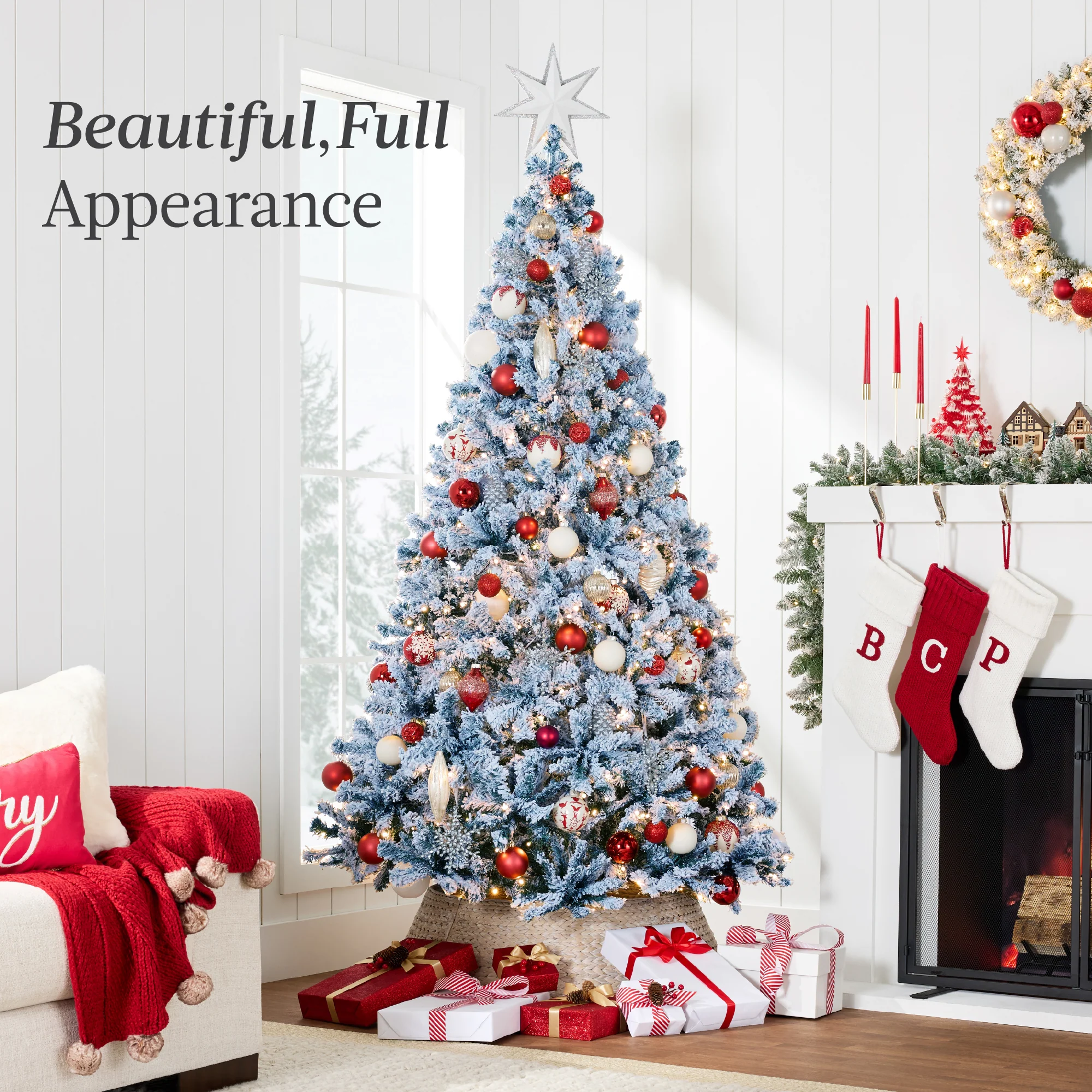 Pre-Lit Ice Blue Flocked Artificial Pine Christmas Tree w/ White Lights - Image 19