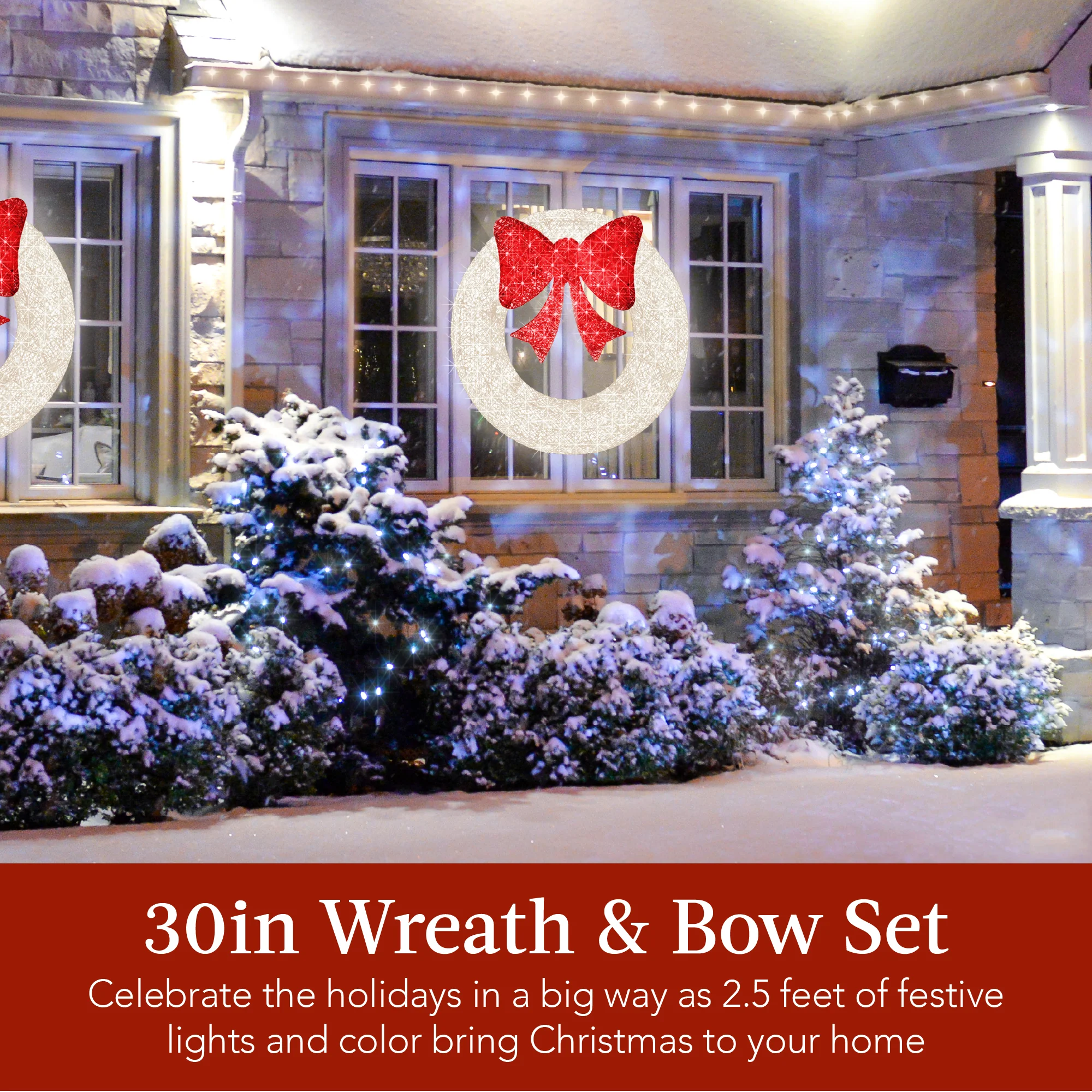 Pre-Lit Outdoor Christmas Wreath, LED Metal Holiday Decor w/ Bow - 30in - Image 16