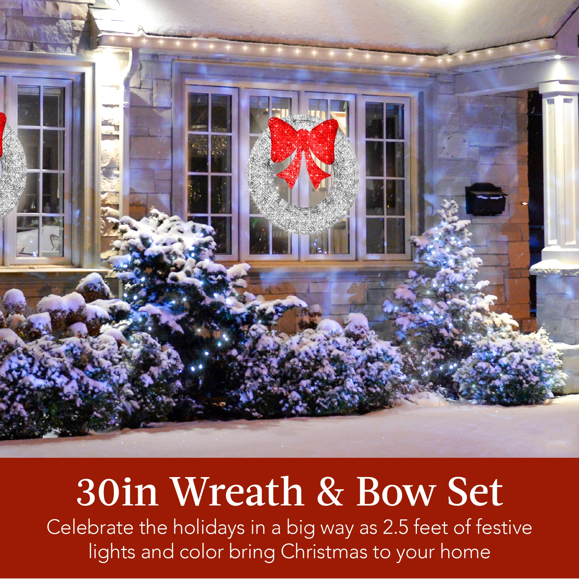 Pre-Lit Outdoor Christmas Wreath, LED Metal Holiday Decor w/ Bow - 30in - Image 23