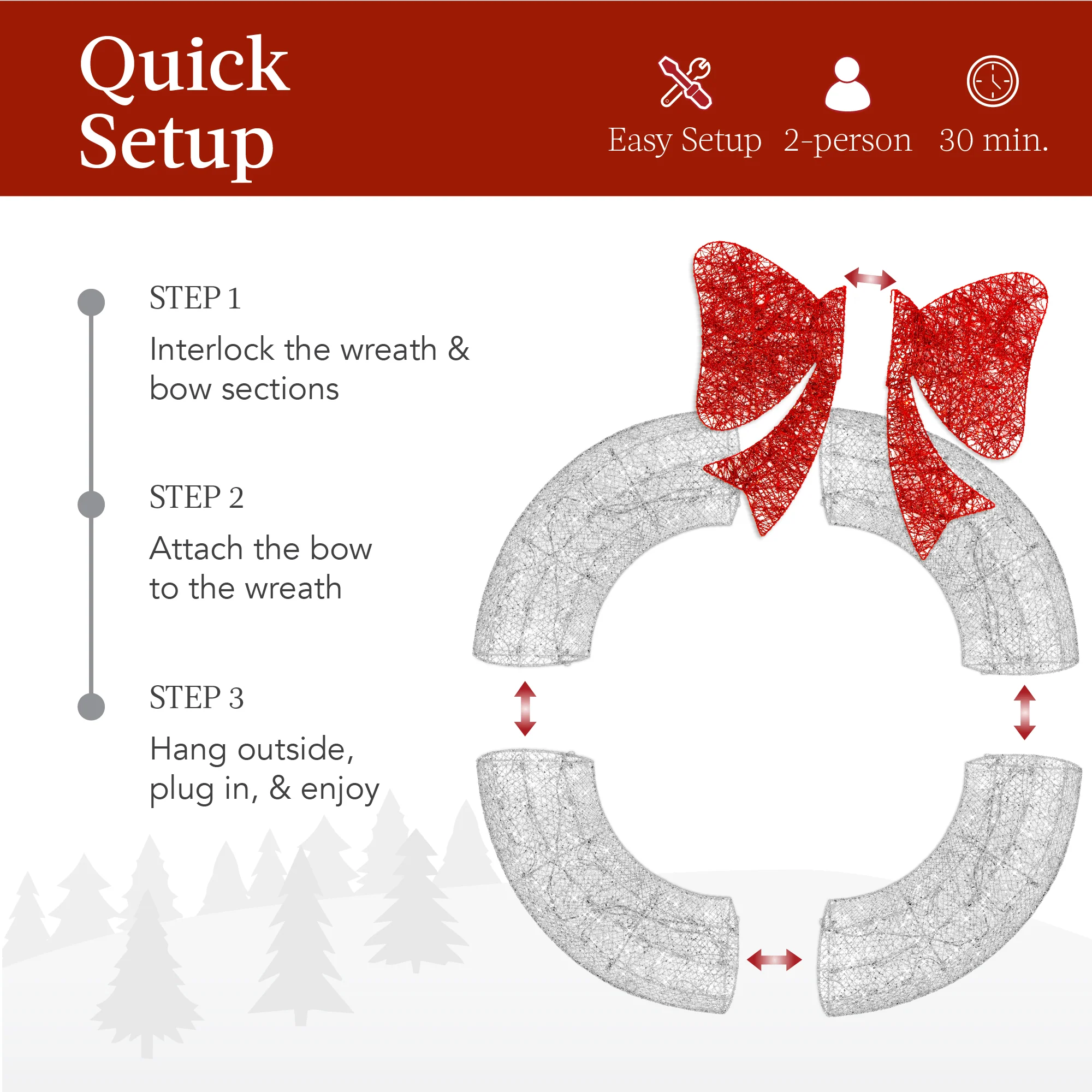 Pre-Lit Outdoor Christmas Wreath, LED Metal Holiday Decor w/ Bow - 30in - Image 25