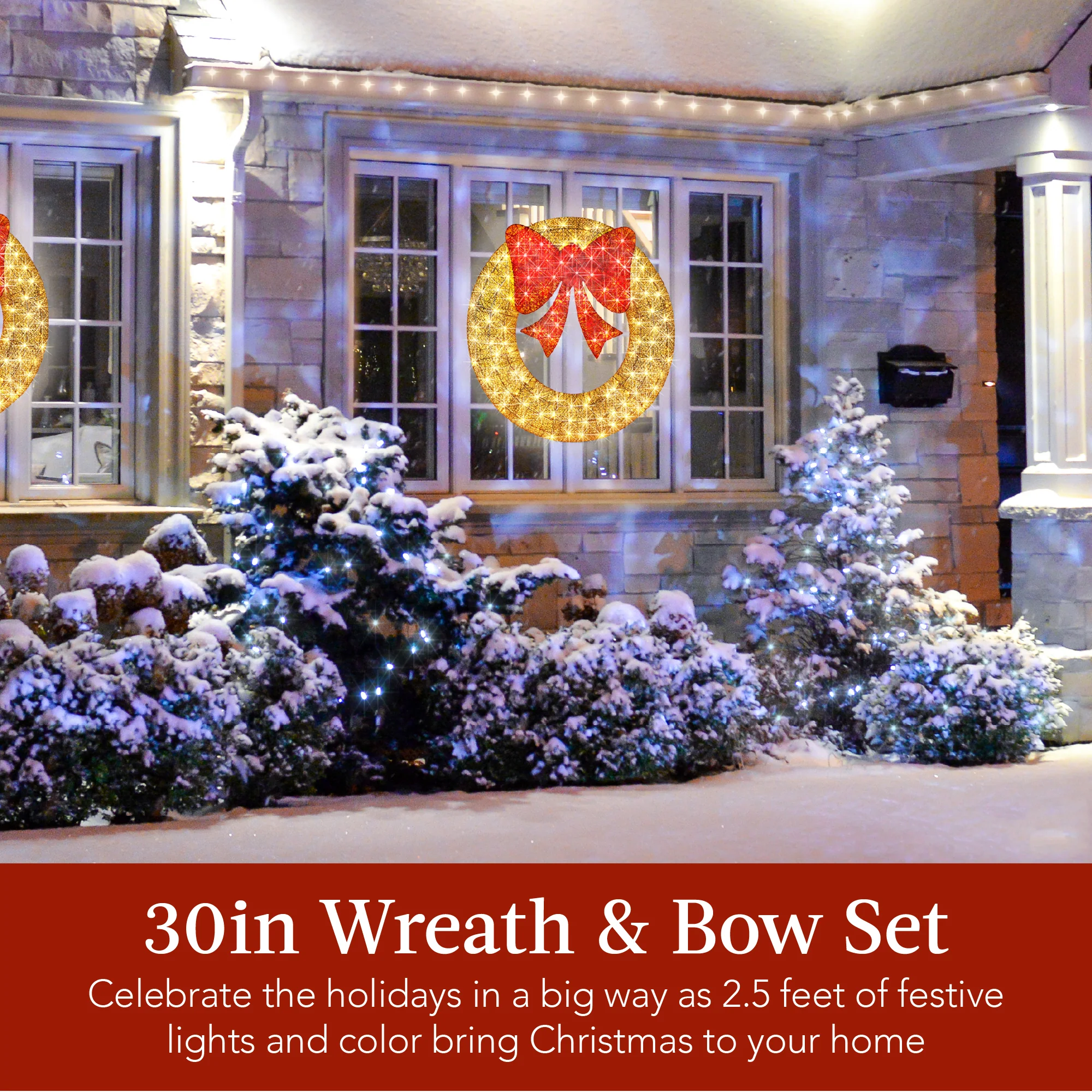 Pre-Lit Outdoor Christmas Wreath, LED Metal Holiday Decor w/ Bow - 30in - Image 30