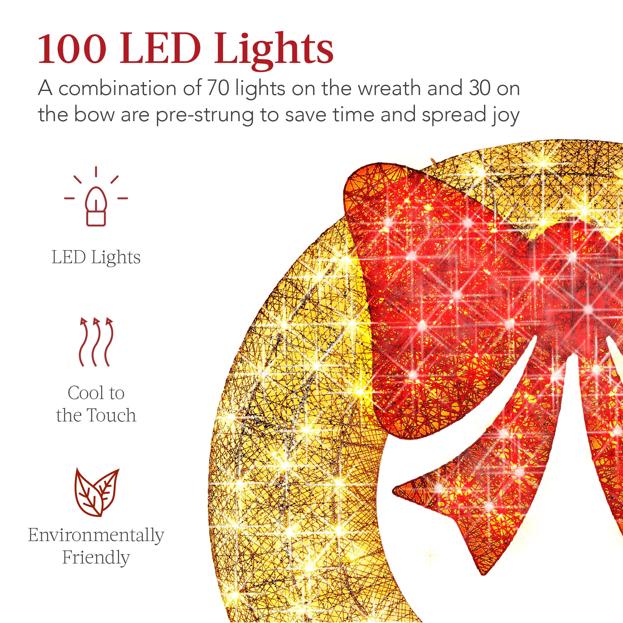 Pre-Lit Outdoor Christmas Wreath, LED Metal Holiday Decor w/ Bow - 30in - Image 31