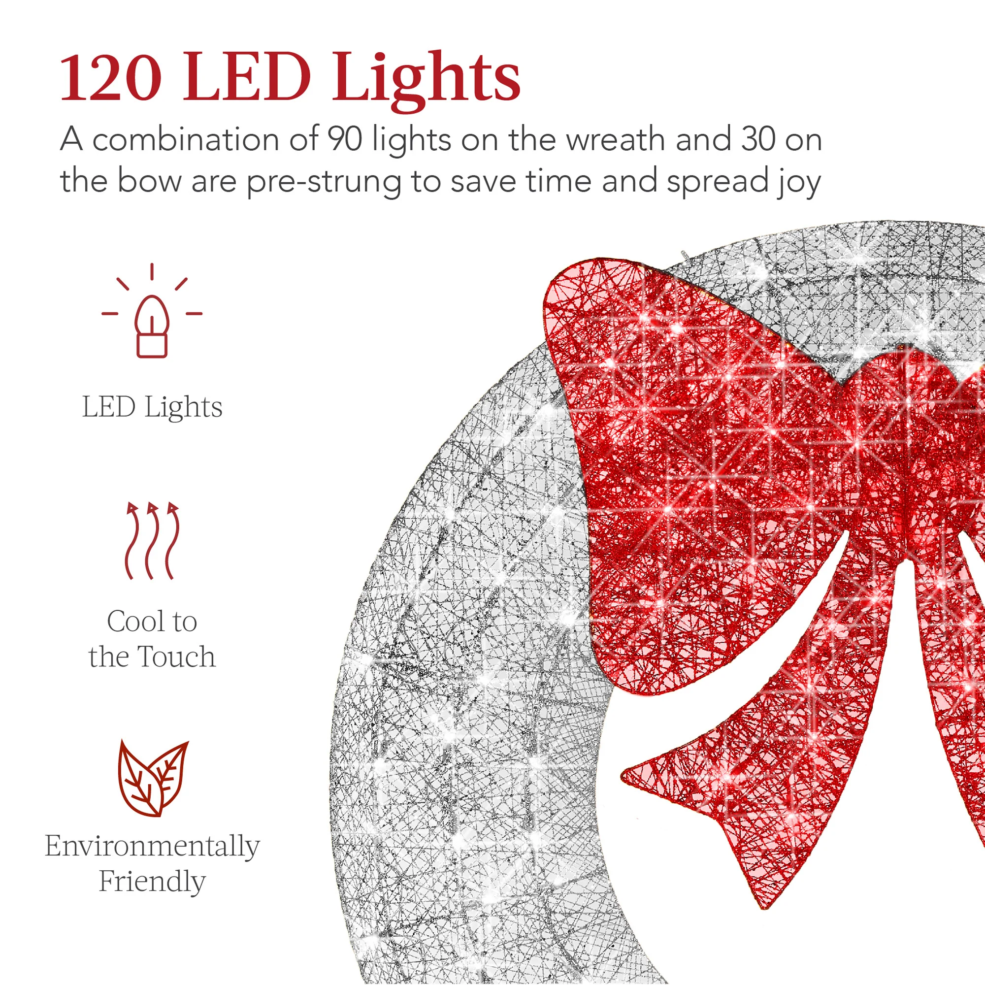 Pre-Lit Outdoor Christmas Wreath, LED Metal Holiday Decor w/ Bow - 36in - Image 17