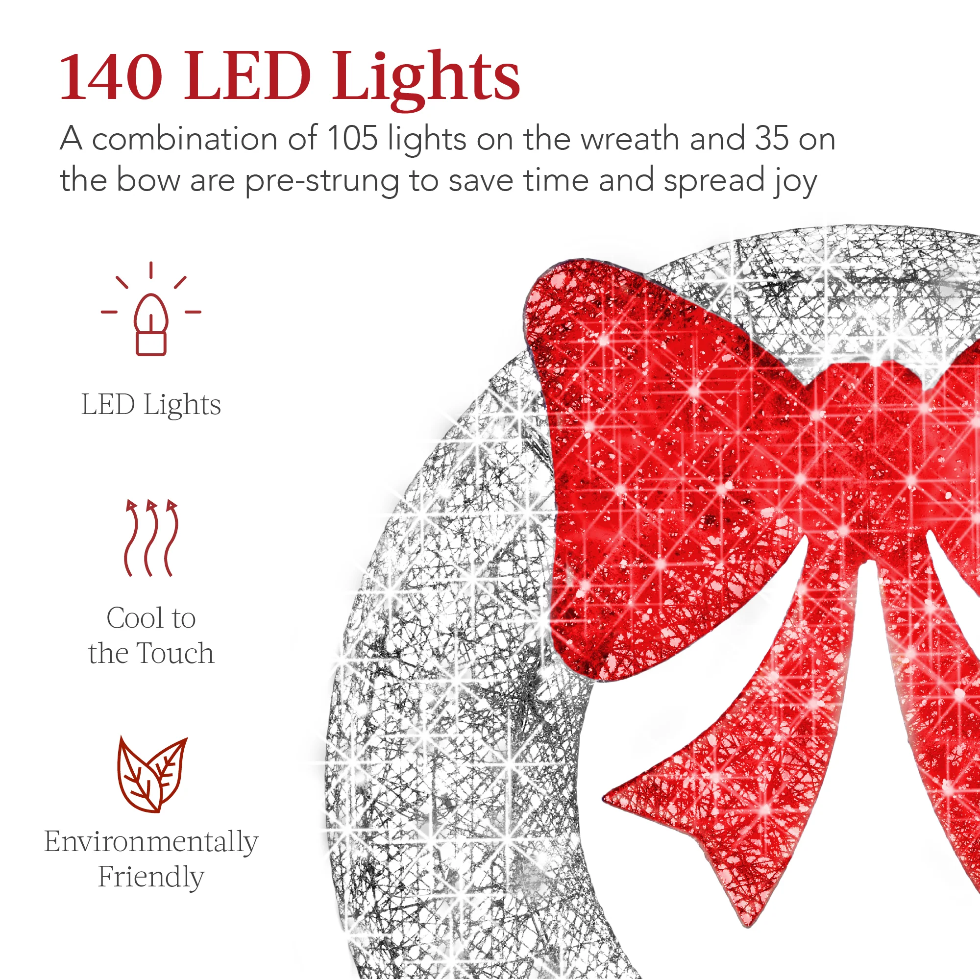 Pre-Lit Outdoor Christmas Wreath, LED Metal Holiday Decor w/ Bow - 48in - Image 10