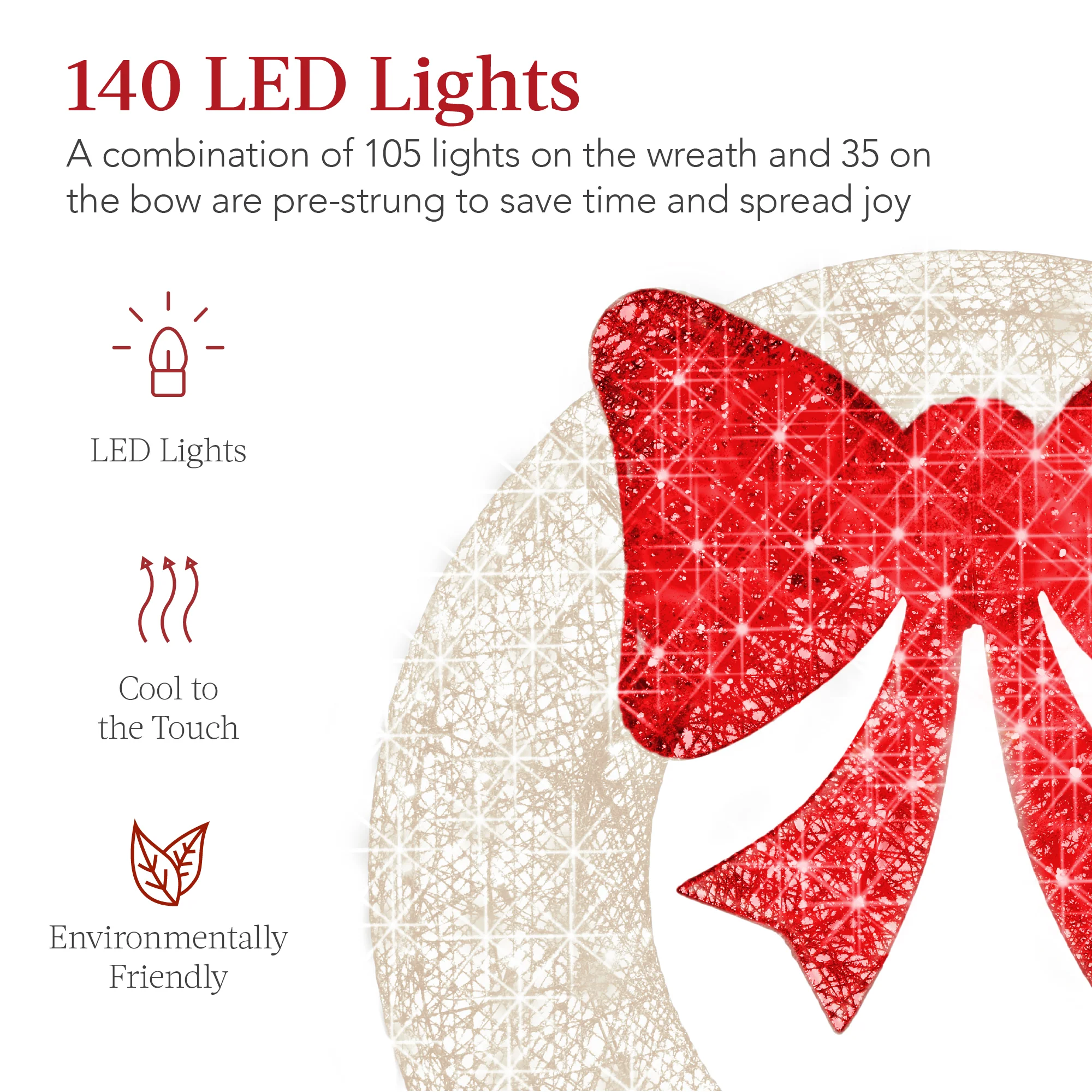 Pre-Lit Outdoor Christmas Wreath, LED Metal Holiday Decor w/ Bow - 48in - Image 24