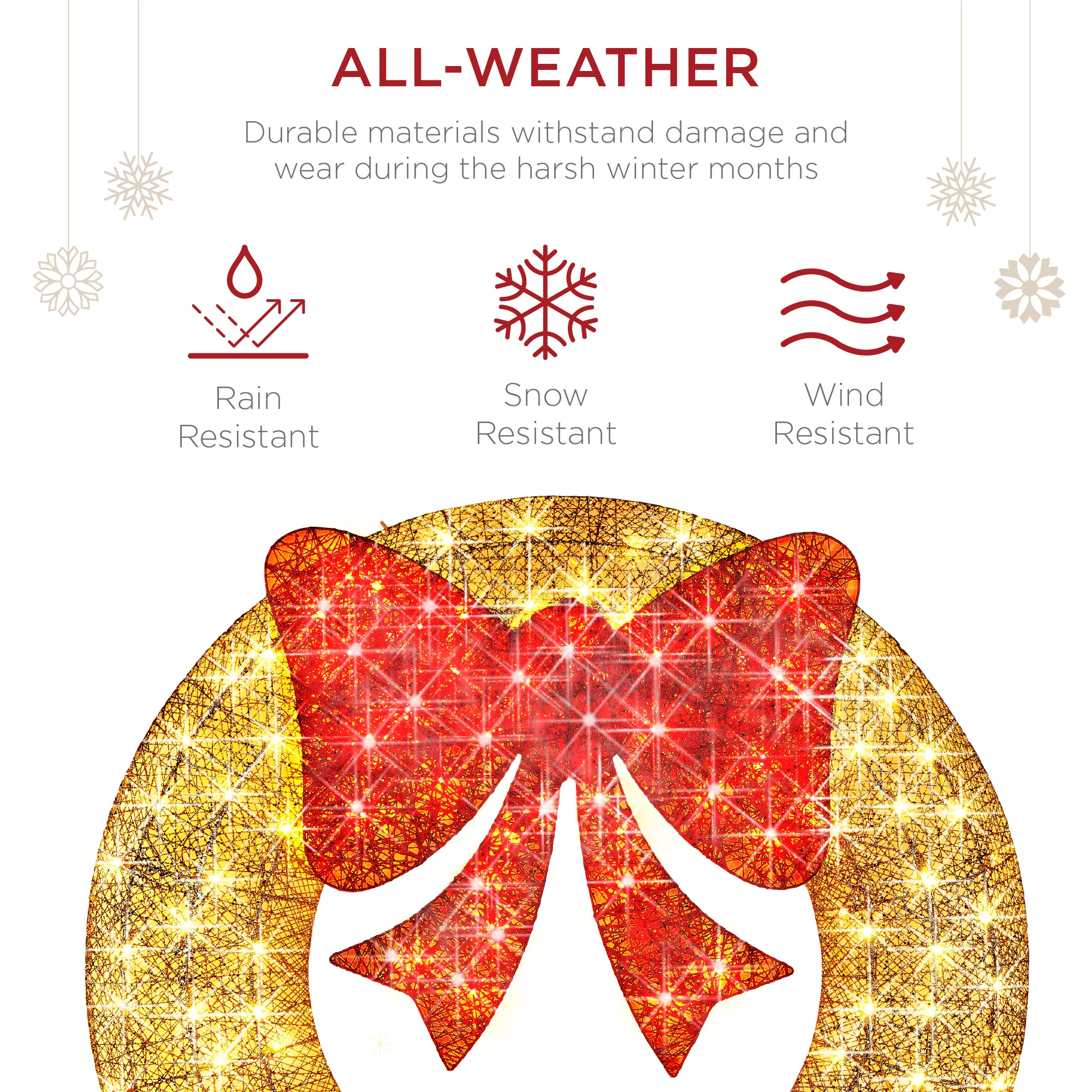 Pre-Lit Outdoor Christmas Wreath, LED Metal Holiday Decor w/ Bow - 48in - Image 33